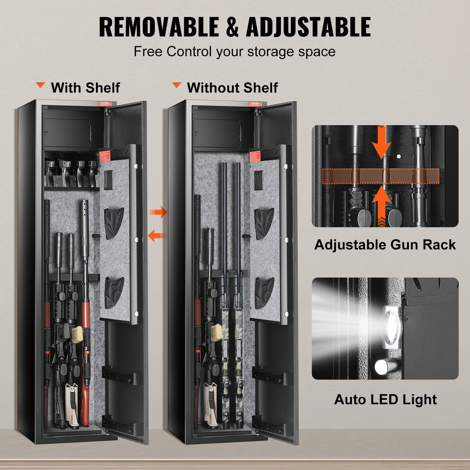 VEVOR Caja Fuerte para 5 Rifles con Huella Dactilar y Cerradura Digital, Caja Fuerte de Armas con Casillero de Almacenamiento Incorporado y Estante Extraíble para Pistola y Pistola Larga en el Hogar