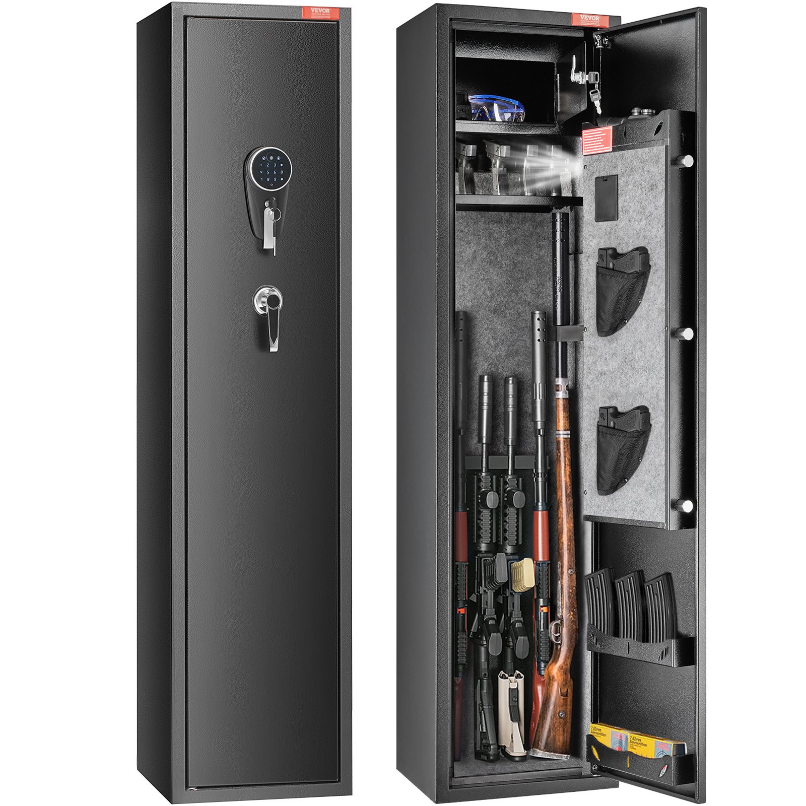 VEVOR Caja Fuerte para 5 Rifles con Huella Dactilar y Cerradura Digital, Caja Fuerte de Armas con Casillero de Almacenamiento Incorporado y Estante Extraíble para Pistola y Pistola Larga en el Hogar