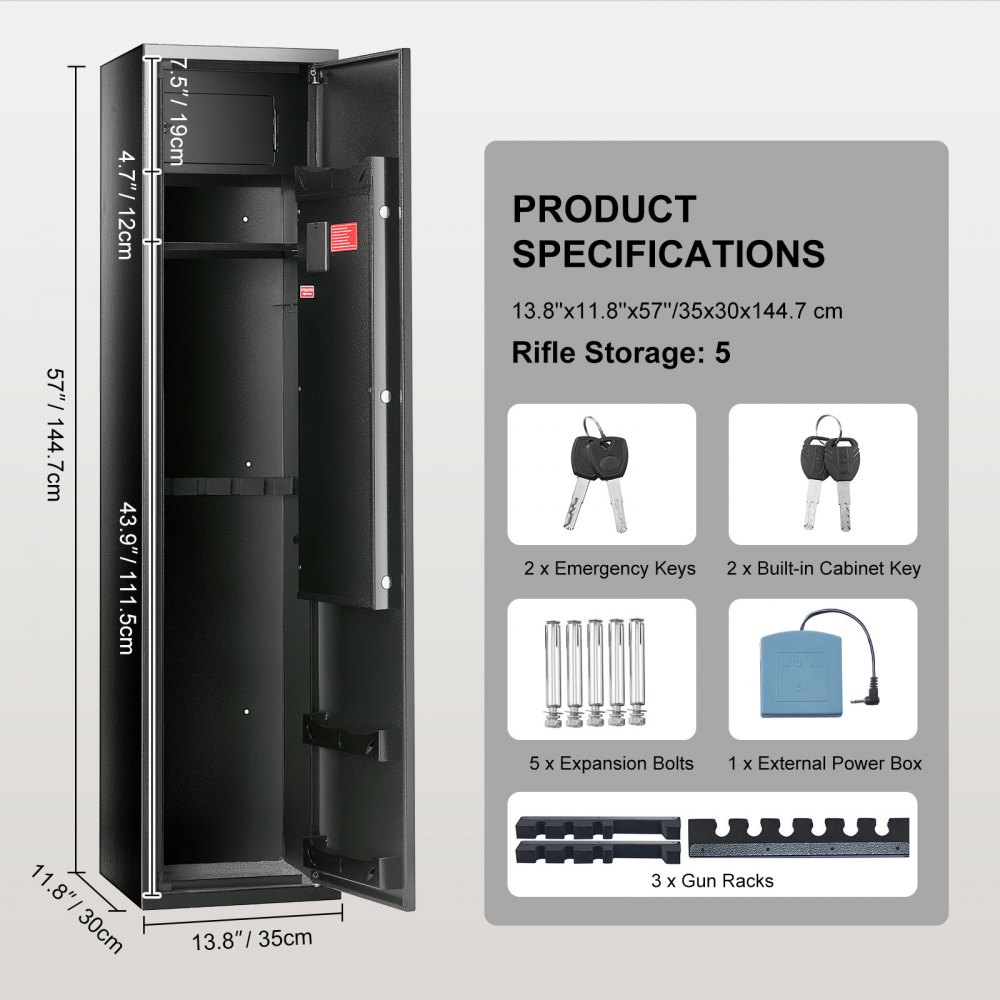 VEVOR Armario para Armas con Teclado Digital y Cerradura Caja Fuerte para Rifles 35 x 30 x 145cm Gabinete para con Estante Extraíble Estante para Rifles