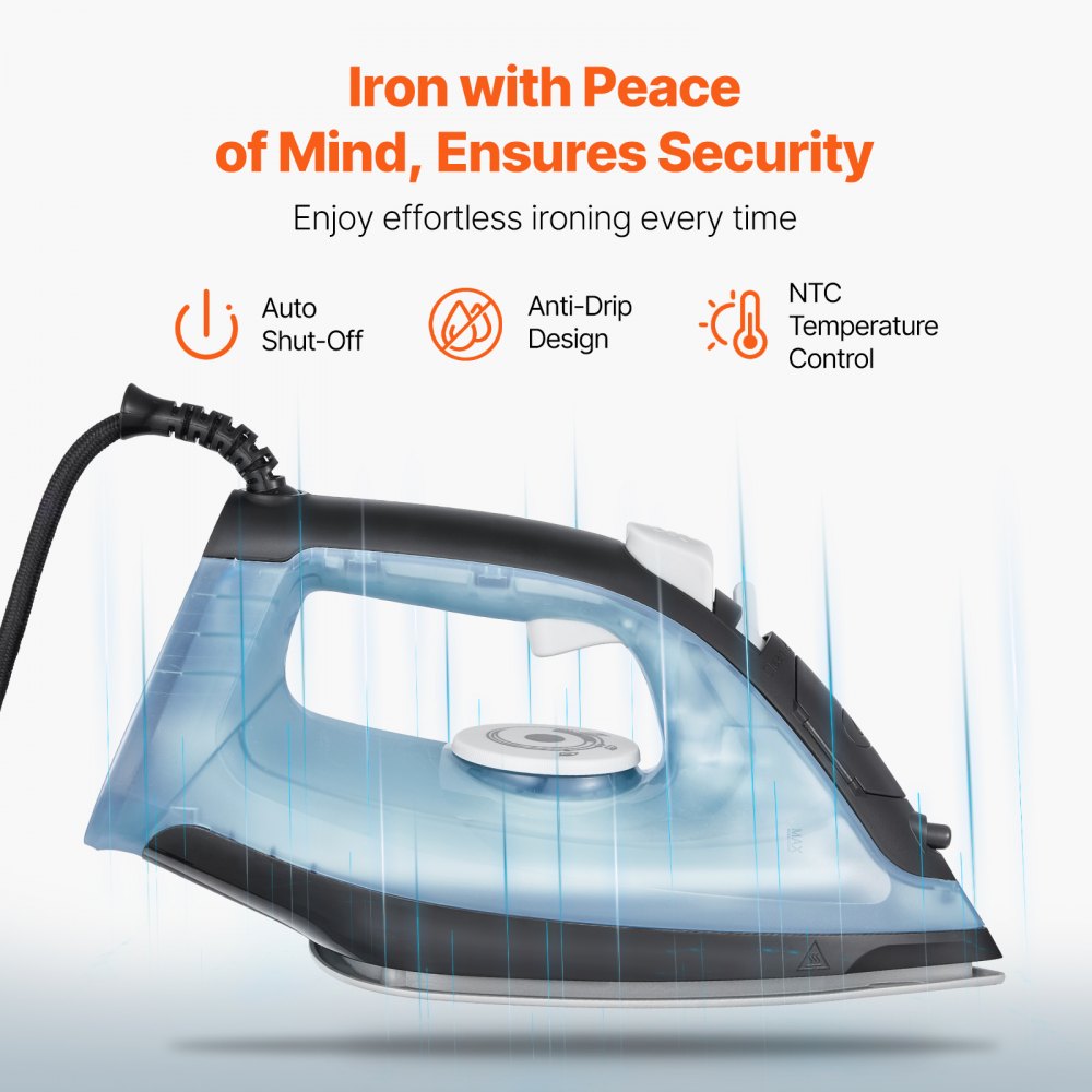 VEVOR Steam Iron for Clothes, 1600W, Aluminum Alloy + PTFE Soleplate, with Automatic Shut-Off & Self-Cleaning & Four Temperature Settings & Drip Protection