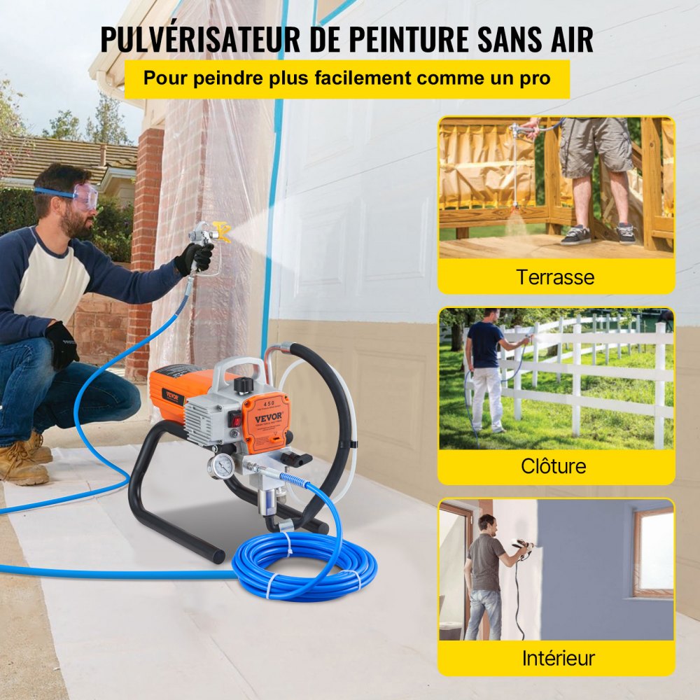 VEVOR Pulverizador de Pintura 1800 W Máquinas Pintura Airless 1,8 L/min Pistola de Pulverización Eléctrica sin Aire Presión Máxima 3000 PSI con Manguera de 9 m para Pared, Mueble, Exterior, Interior