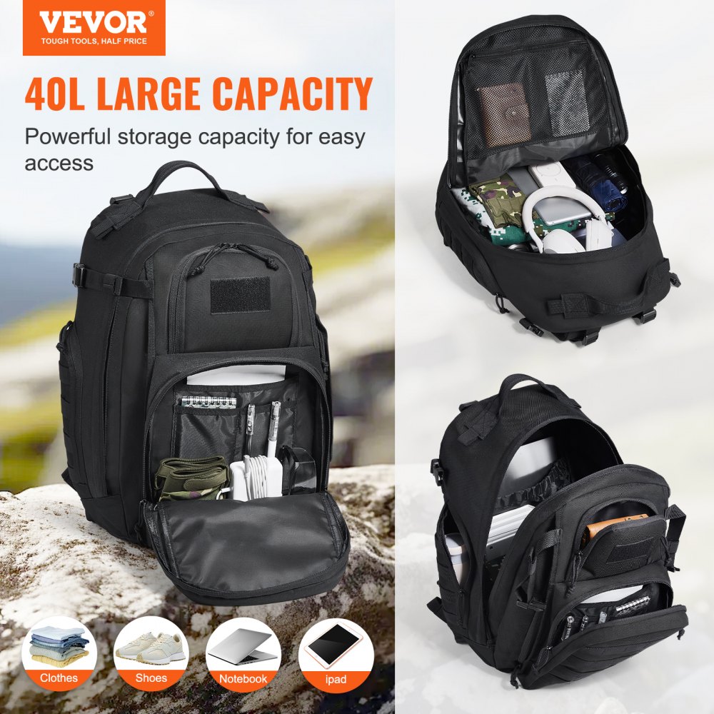 VEVOR Mochila Táctica de Viaje 40 L con Diseño Molle y Acolchado de Esponja, Bolsa de Viaje Militar Mochila Militar Bolsa de Equipo Mochila para Aventuras al Aire Libre, Senderismo, Caza, Negro
