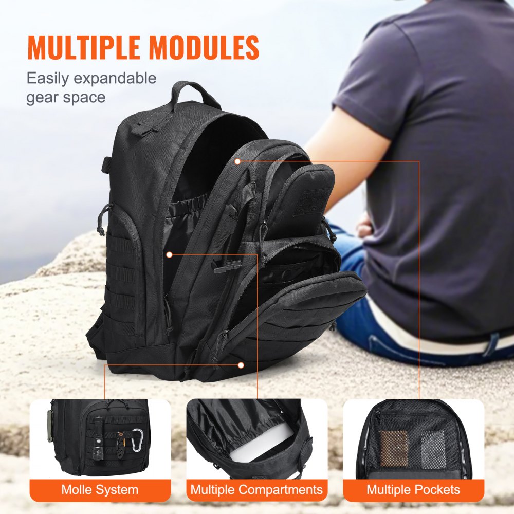 VEVOR Mochila Táctica de Viaje 40 L con Diseño Molle y Acolchado de Esponja, Bolsa de Viaje Militar Mochila Militar Bolsa de Equipo Mochila para Aventuras al Aire Libre, Senderismo, Caza, Negro
