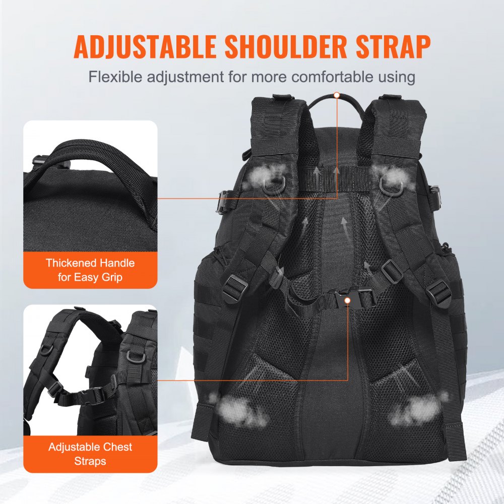 VEVOR Mochila Táctica de Viaje 40 L con Diseño Molle y Acolchado de Esponja, Bolsa de Viaje Militar Mochila Militar Bolsa de Equipo Mochila para Aventuras al Aire Libre, Senderismo, Caza, Negro