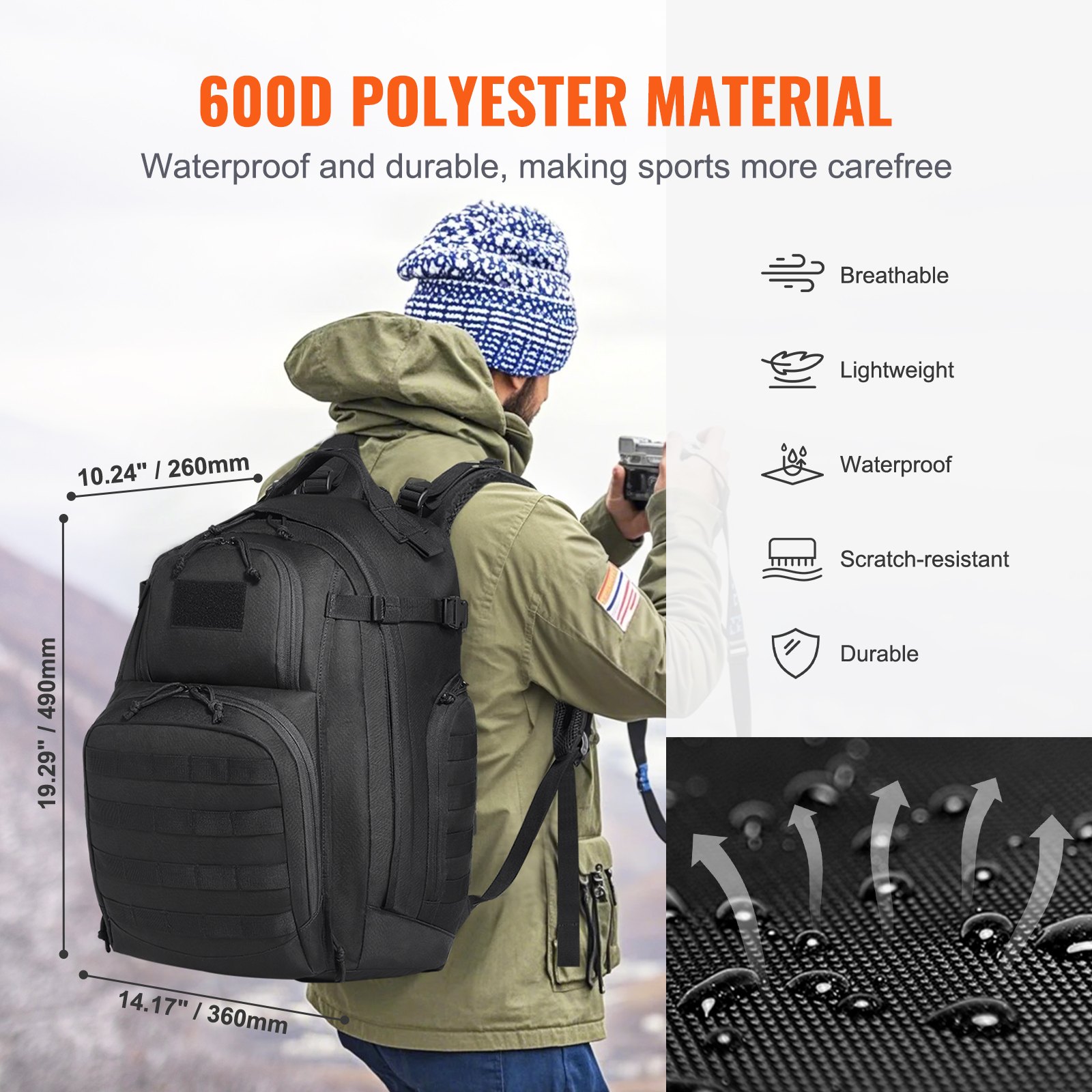 VEVOR Mochila Táctica de Viaje 40 L con Diseño Molle y Acolchado de Esponja, Bolsa de Viaje Militar Mochila Militar Bolsa de Equipo Mochila para Aventuras al Aire Libre, Senderismo, Caza, Negro
