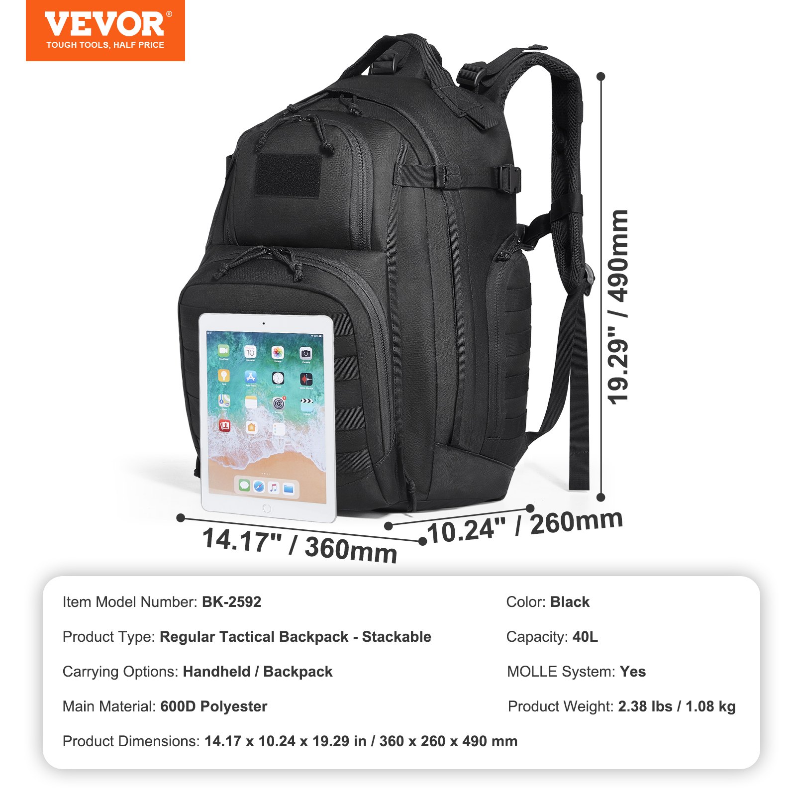 VEVOR Mochila Táctica de Viaje 40 L con Diseño Molle y Acolchado de Esponja, Bolsa de Viaje Militar Mochila Militar Bolsa de Equipo Mochila para Aventuras al Aire Libre, Senderismo, Caza, Negro