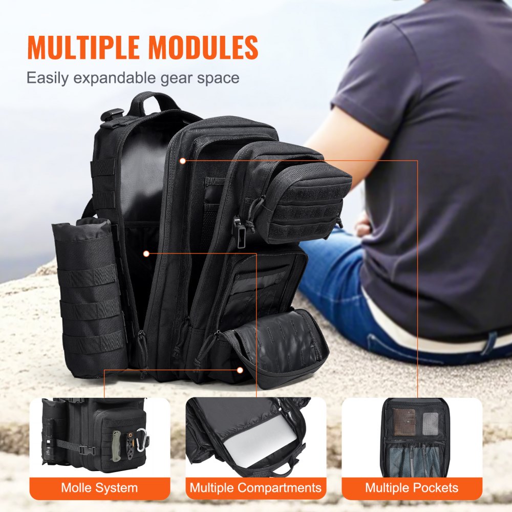 VEVOR Bolsa de Viaje Táctica Mochila de 260 x 230 x 420 mm 25 L con Diseño Molle y 3 Bolsillos, Mochila de Viaje de Poliéster 600D, Mochila para Deportes, Viajes, Camping, Ropa Fitness, Negro