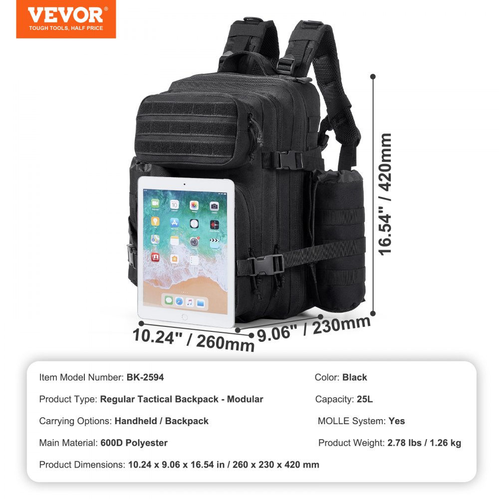 VEVOR Bolsa de Viaje Táctica Mochila de 260 x 230 x 420 mm 25 L con Diseño Molle y 3 Bolsillos, Mochila de Viaje de Poliéster 600D, Mochila para Deportes, Viajes, Camping, Ropa Fitness, Negro