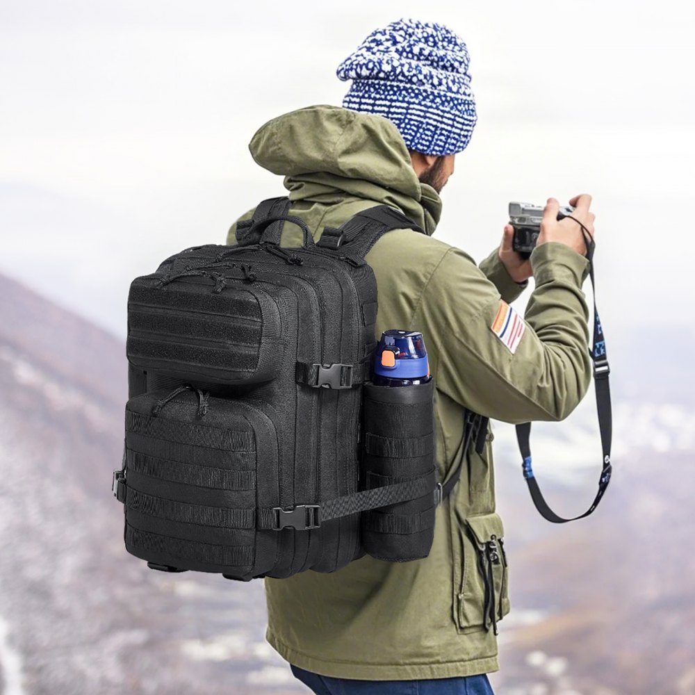 VEVOR Bolsa de Viaje Táctica Mochila de 260 x 230 x 420 mm 25 L con Diseño Molle y 3 Bolsillos, Mochila de Viaje de Poliéster 600D, Mochila para Deportes, Viajes, Camping, Ropa Fitness, Negro