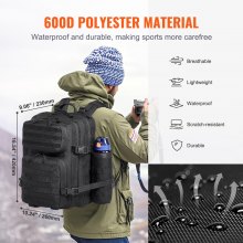 VEVOR Mochila Táctica 25 L con Modo Molle y 3 Compartimentos para Deporte, Negro