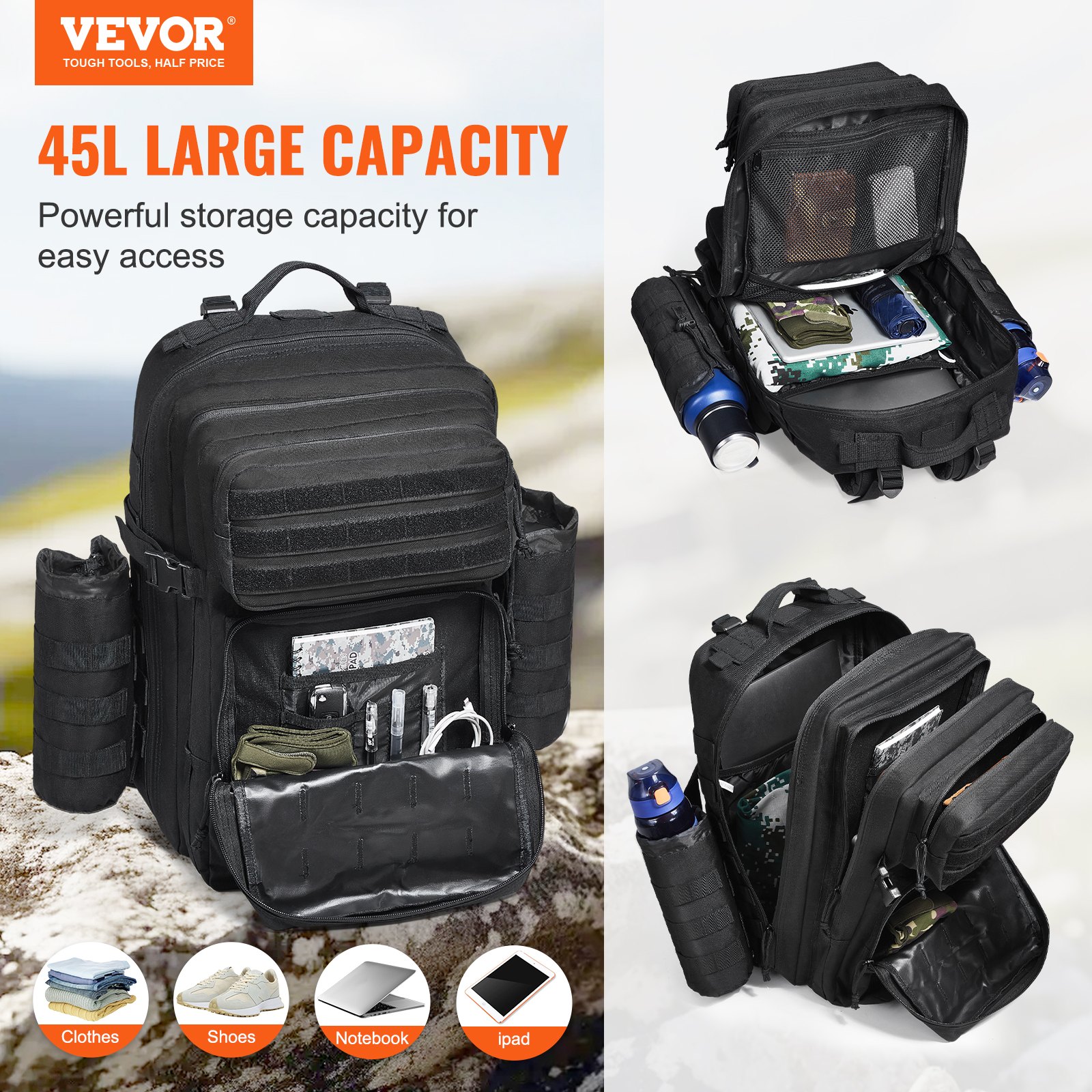 VEVOR Bolsa de Viaje Táctica Mochila de 320 x 290 x 460 mm 45 L con Diseño Molle y 3 Bolsillos Mochila de Viaje de Poliéster 600D Mochila para Deportes, Viajes, Aventura al Aire Libre, Camping, Negro