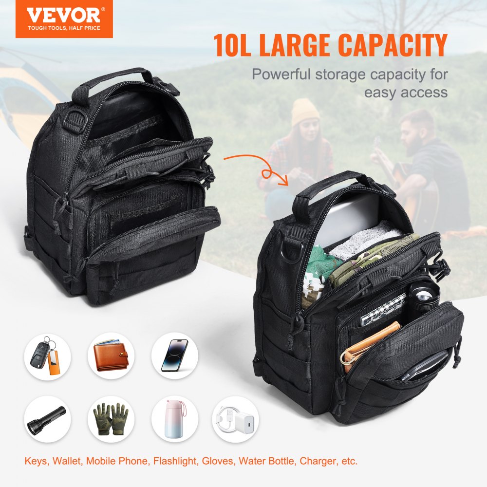 VEVOR Bolsa de Viaje Táctica Bolsa de Hombro 10 L con Diseño Molle y Múltiples Bolsillos, Bolsa de Viaje de Poliéster 600D Bolsa de Equipo Mochila para Deportes, Viajes, Camping, Ropa Fitness, Negro