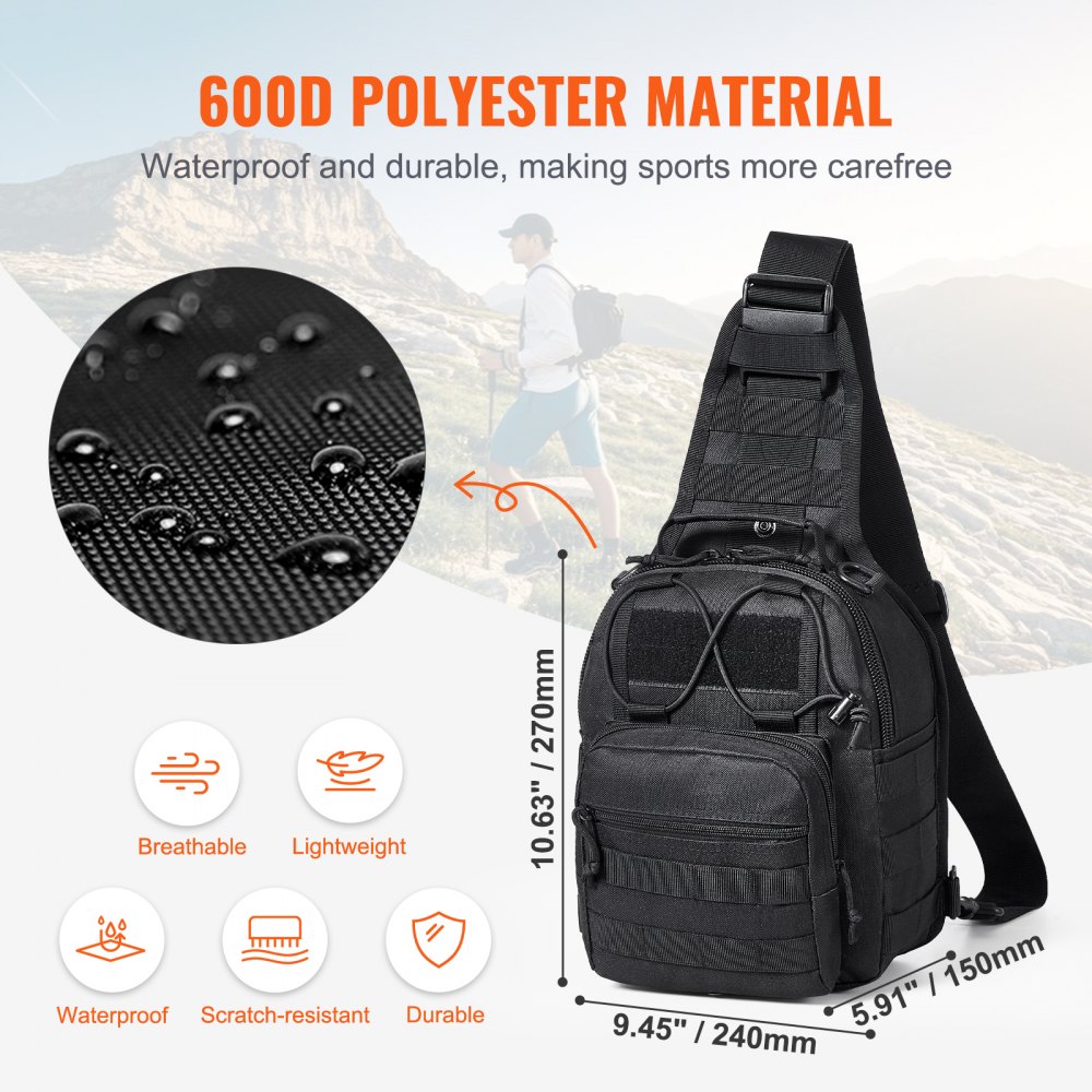 VEVOR Bolsa de Viaje Táctica Bolsa de Hombro 10 L con Diseño Molle y Múltiples Bolsillos, Bolsa de Viaje de Poliéster 600D Bolsa de Equipo Mochila para Deportes, Viajes, Camping, Ropa Fitness, Negro