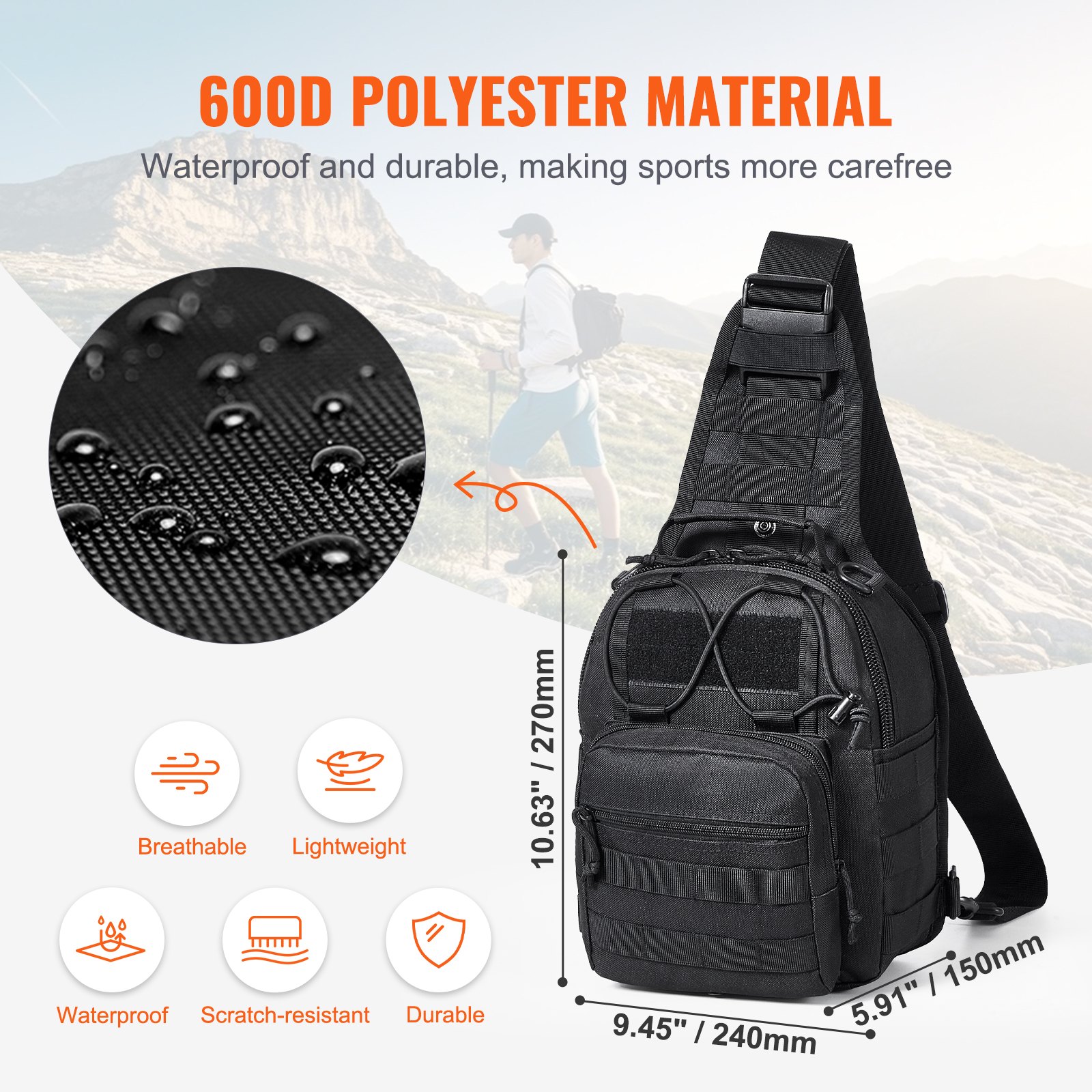 VEVOR Bolsa de Viaje Táctica Bolsa de Hombro 10 L con Diseño Molle y Múltiples Bolsillos, Bolsa de Viaje de Poliéster 600D Bolsa de Equipo Mochila para Deportes, Viajes, Camping, Ropa Fitness, Negro