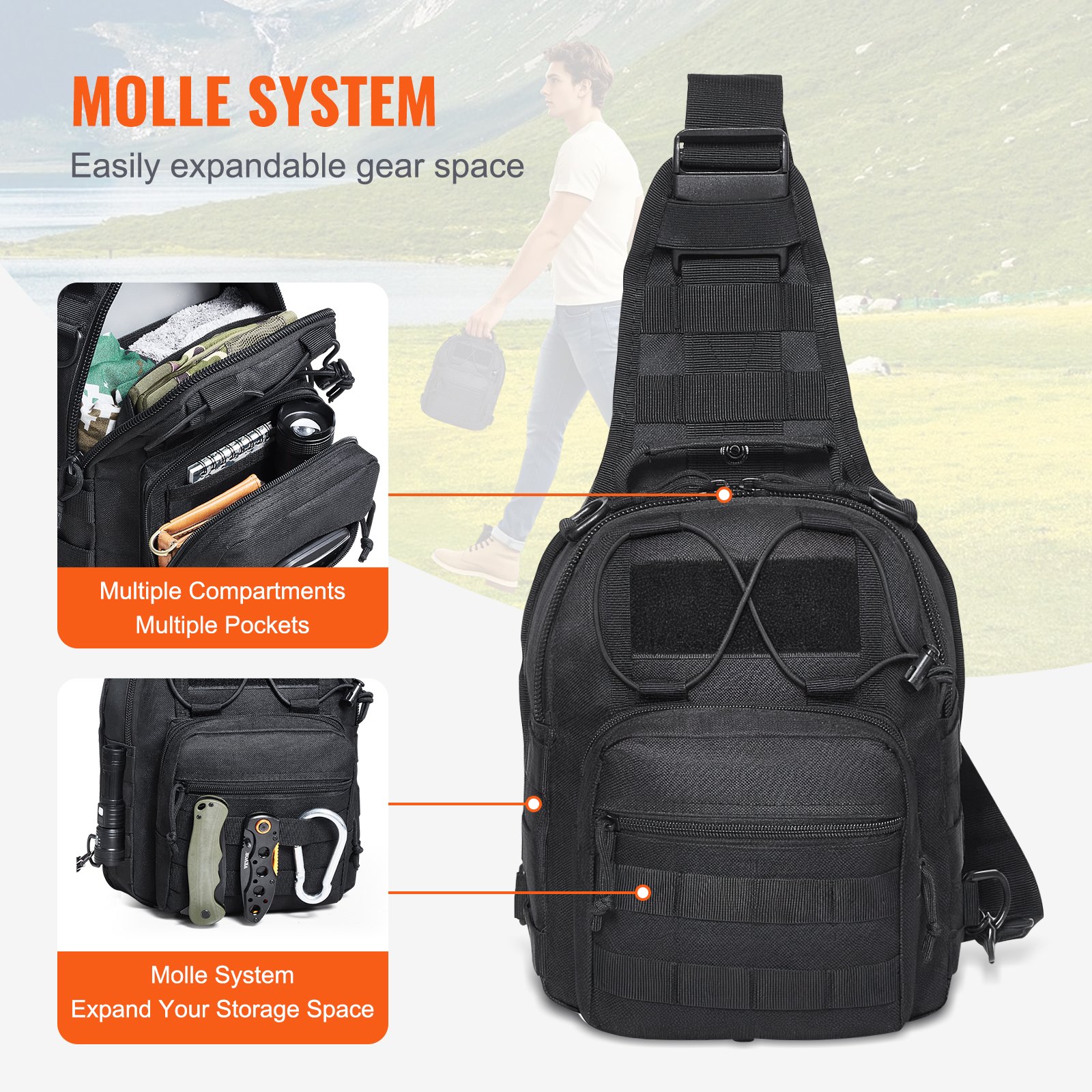 VEVOR Bolsa de Viaje Táctica Bolsa de Hombro 10 L con Diseño Molle y Múltiples Bolsillos, Bolsa de Viaje de Poliéster 600D Bolsa de Equipo Mochila para Deportes, Viajes, Camping, Ropa Fitness, Negro