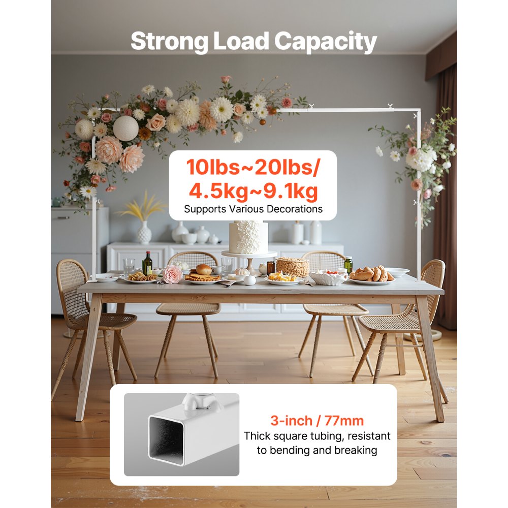 VEVOR Soporte para Barra de Mesa con Abrazaderas, Ajustable Alto de 330-1066,8 mm y Largo de 711,2-2489,2 mm, Soporte Metálico para Arco de Mesa para Bodas, Cumpleaños, Fiestas, Navidad, Blanco