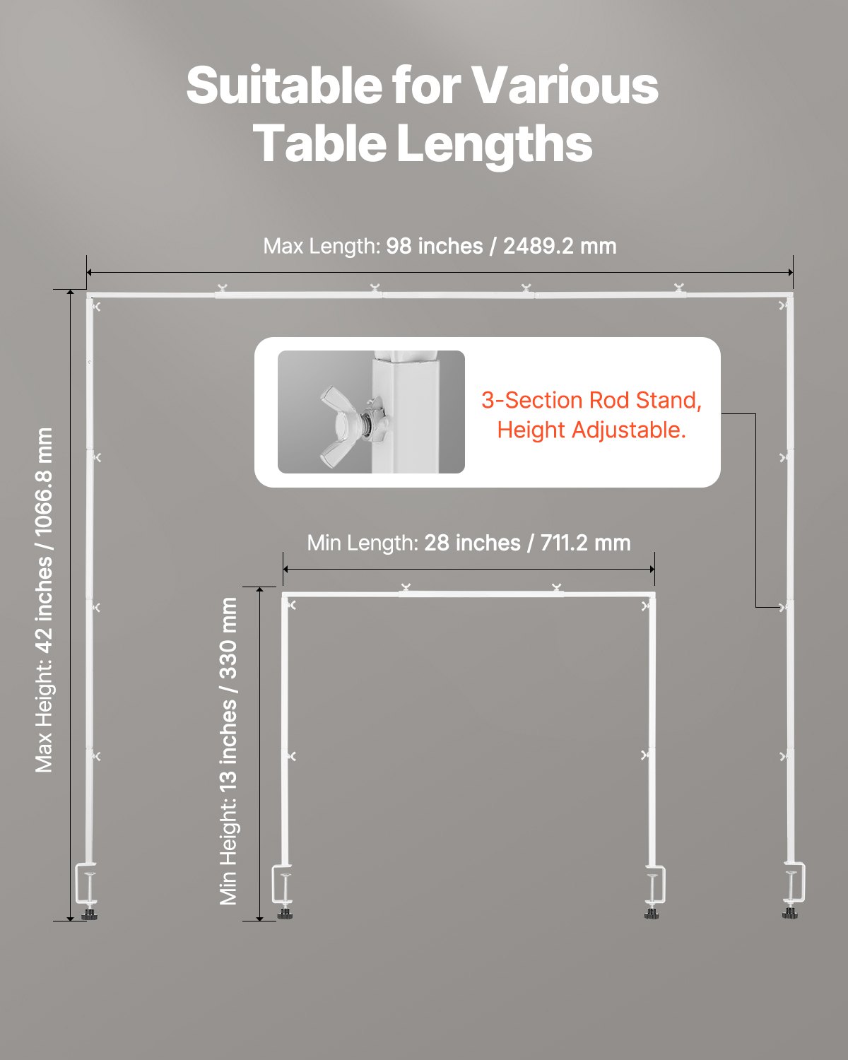 VEVOR Soporte para Barra de Mesa con Abrazaderas, Ajustable Alto de 330-1066,8 mm y Largo de 711,2-2489,2 mm, Soporte Metálico para Arco de Mesa para Bodas, Cumpleaños, Fiestas, Navidad, Blanco