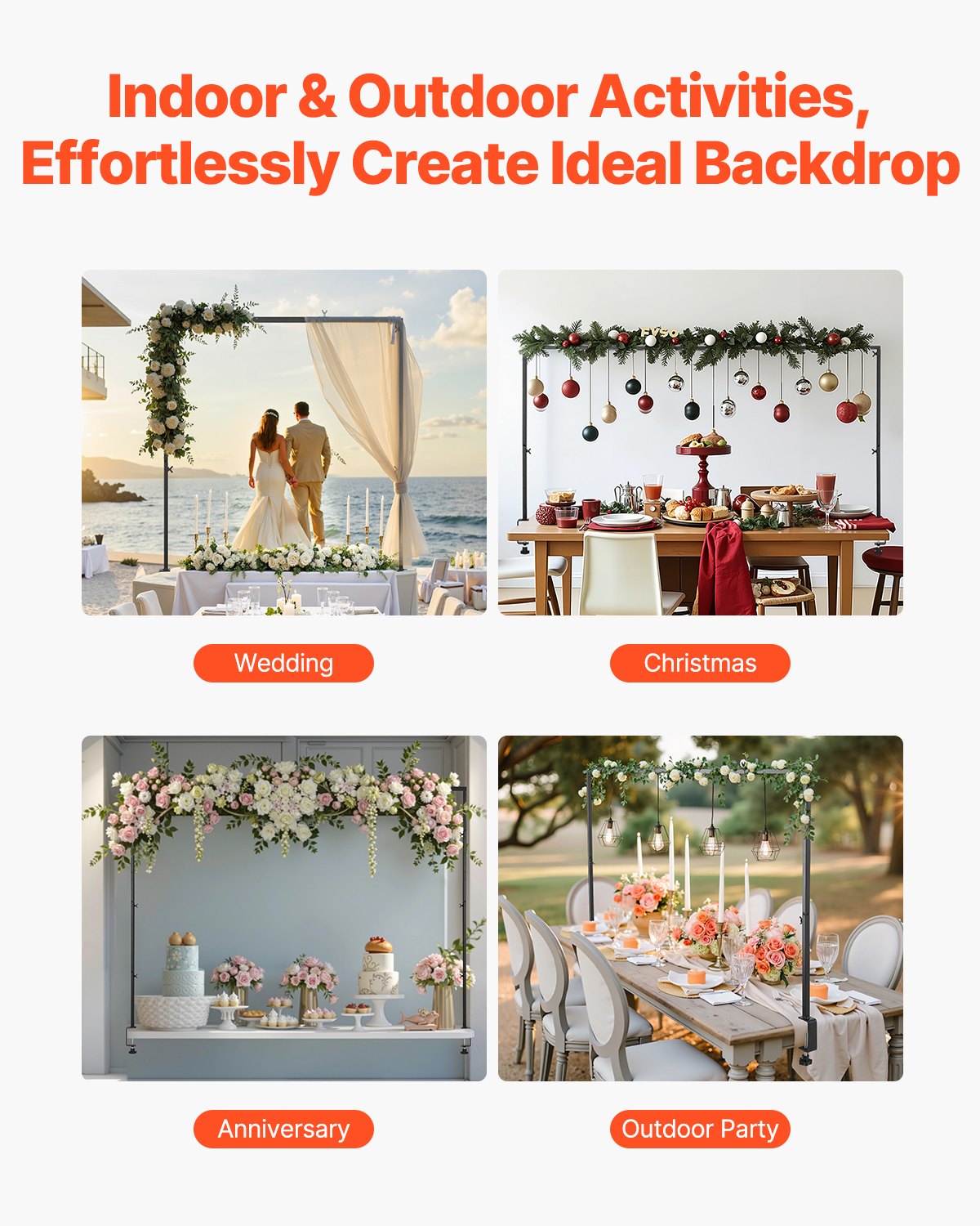 VEVOR Table Decoration Table Pole 2-Pack, 330-1066.8 mm high & 711.2-2489.2 mm length adjustable, table arch with clamps, table frame for wedding, birthday & Christmas decorations, black