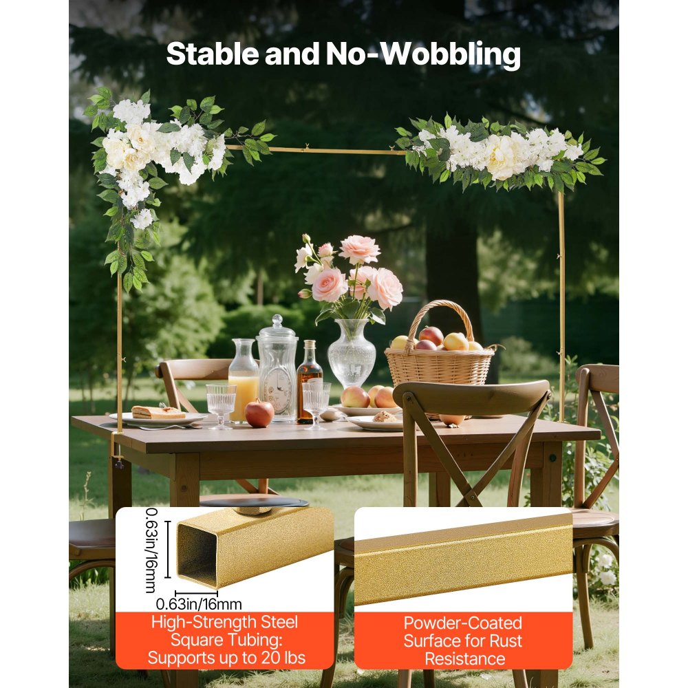 VEVOR Arco de Mesa, Ajustable de 711,2 a 2489,2 mm de Largo y de 330,2 a 1066,8 mm de Alto, con Varilla Decorativa y Flores, Marco de Globo Dorado para Decoración de Bodas, Cumpleaños y Navidad