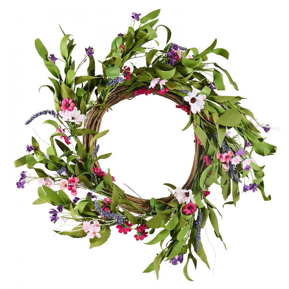 VEVOR Artificial Decorative Wreath, 55.88 cm, Pink/Green, decorated with daisies, baby's breath, buds, door wreath for all seasons, as decoration for home, walls, windows, festivals & weddings