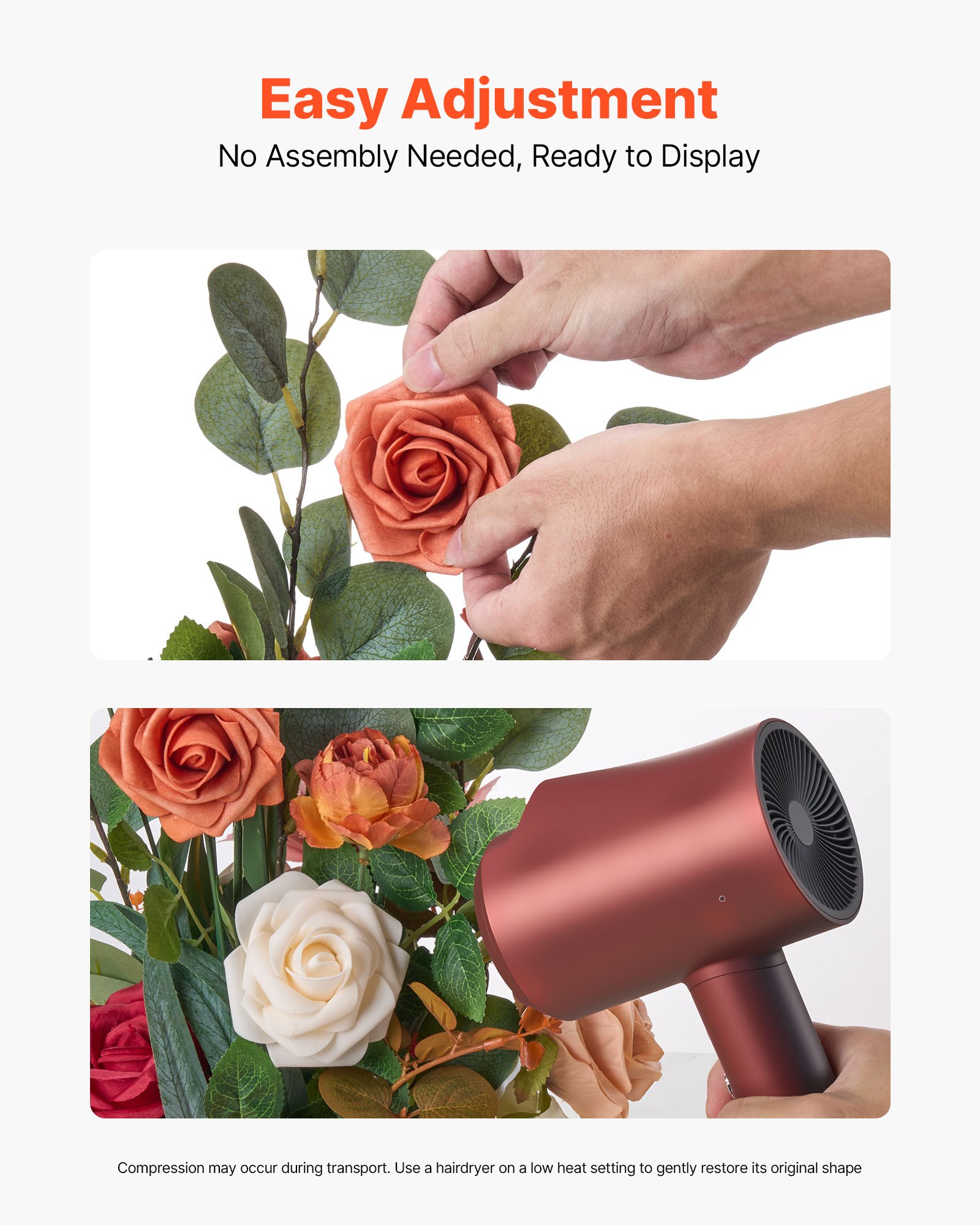 VEVOR Arreglos Florales Artificiales de Pie para Pasillos de Bodas, Centros de Mesa Florales Naranjas para Ceremonias, Recepciones, Fiestas y Decoración al Aire Libre, 450 x 250 x 250 mm, 4 uds
