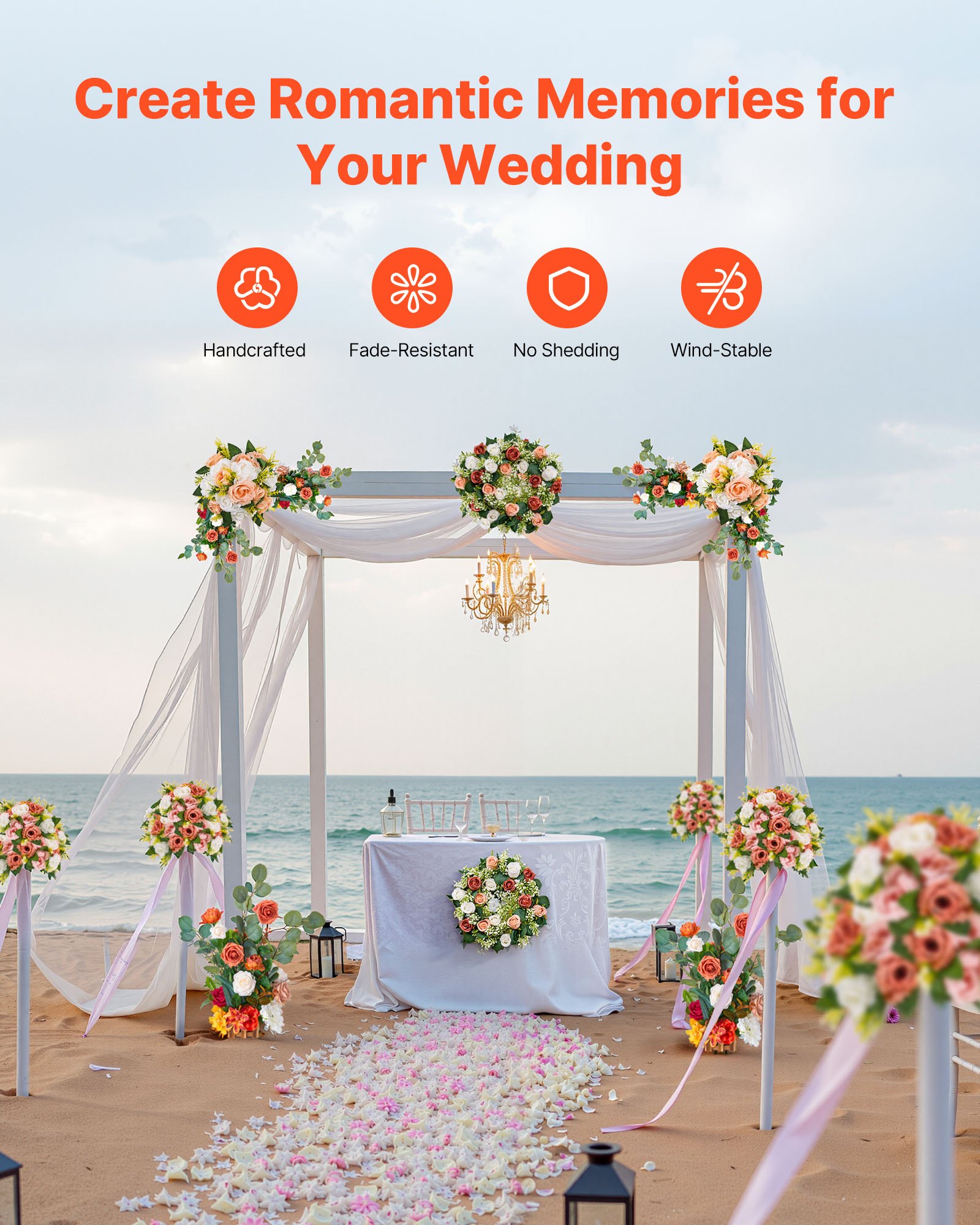 VEVOR Arreglos Florales Artificiales de Pie para Pasillos de Bodas, Centros de Mesa Florales Naranjas para Ceremonias, Recepciones, Fiestas y Decoración al Aire Libre, 450 x 250 x 250 mm, 4 uds