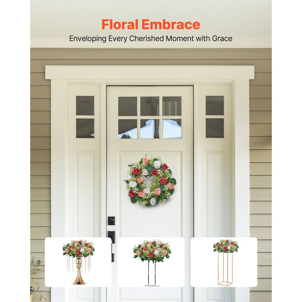 VEVOR Corona de Rosas Artificiales Realistas, Ideal como Centro de Mesa para San Valentín, Día de la Madre, Fiestas, Bodas y Decoración del Hogar, 10 Unidades, Rosas y Blancas, 340 x 340 x 90 mm