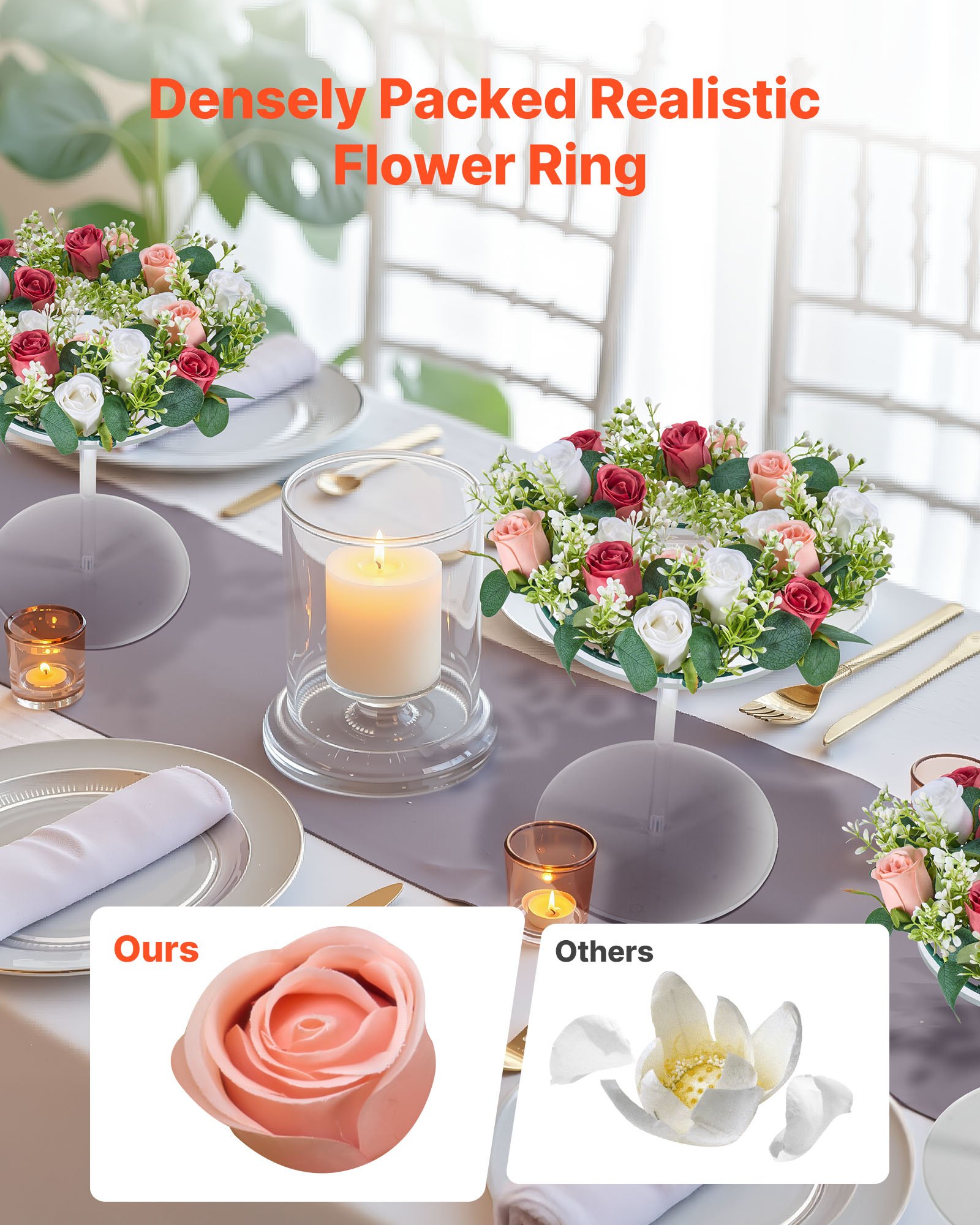 VEVOR Corona de Rosas Artificiales Realistas, Ideal como Centro de Mesa para San Valentín, Día de la Madre, Fiestas, Bodas y Decoración del Hogar, 10 Unidades, Rosas y Blancas, 340 x 340 x 90 mm