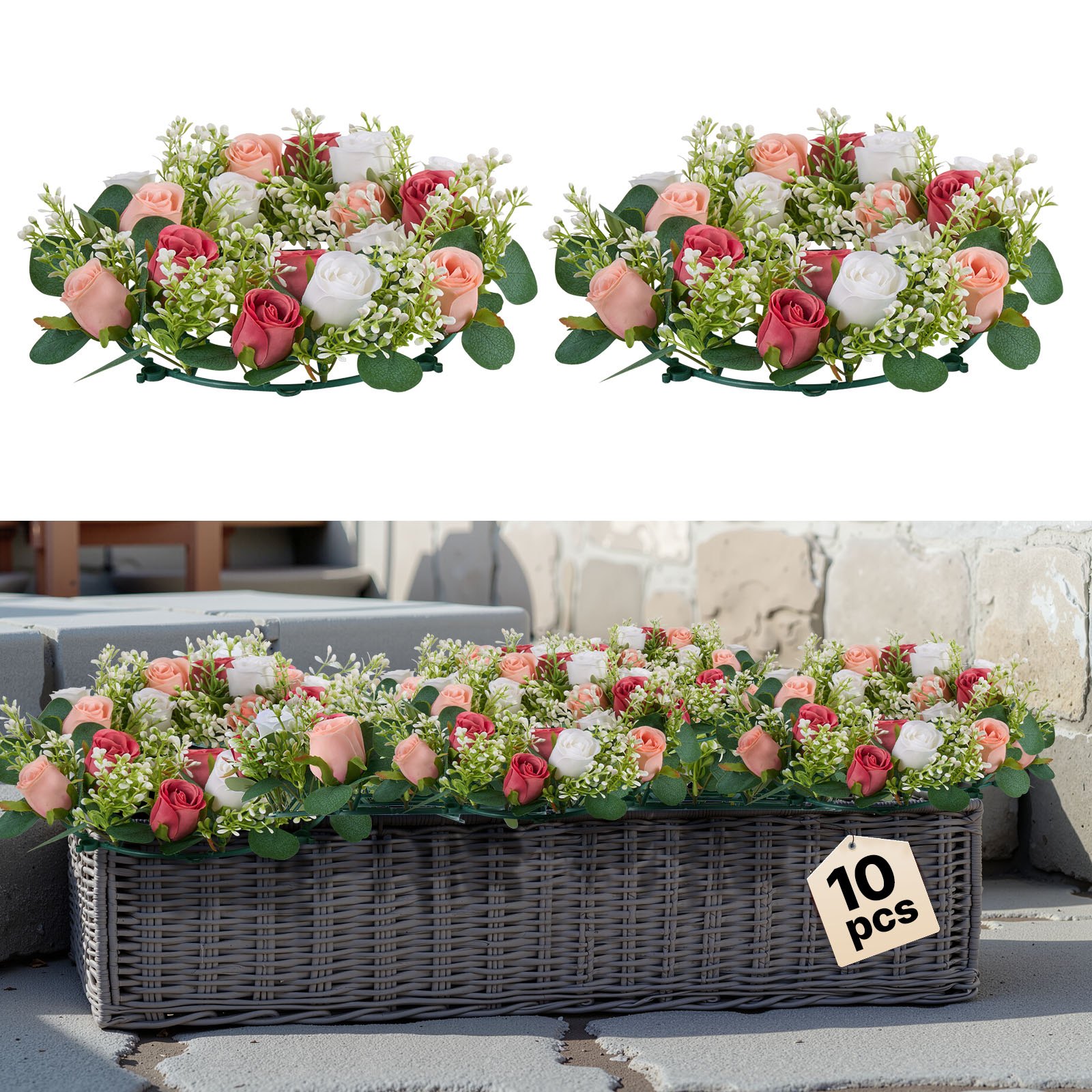 VEVOR Corona de Rosas Artificiales Realistas, Ideal como Centro de Mesa para San Valentín, Día de la Madre, Fiestas, Bodas y Decoración del Hogar, 10 Unidades, Rosas y Blancas, 340 x 340 x 90 mm