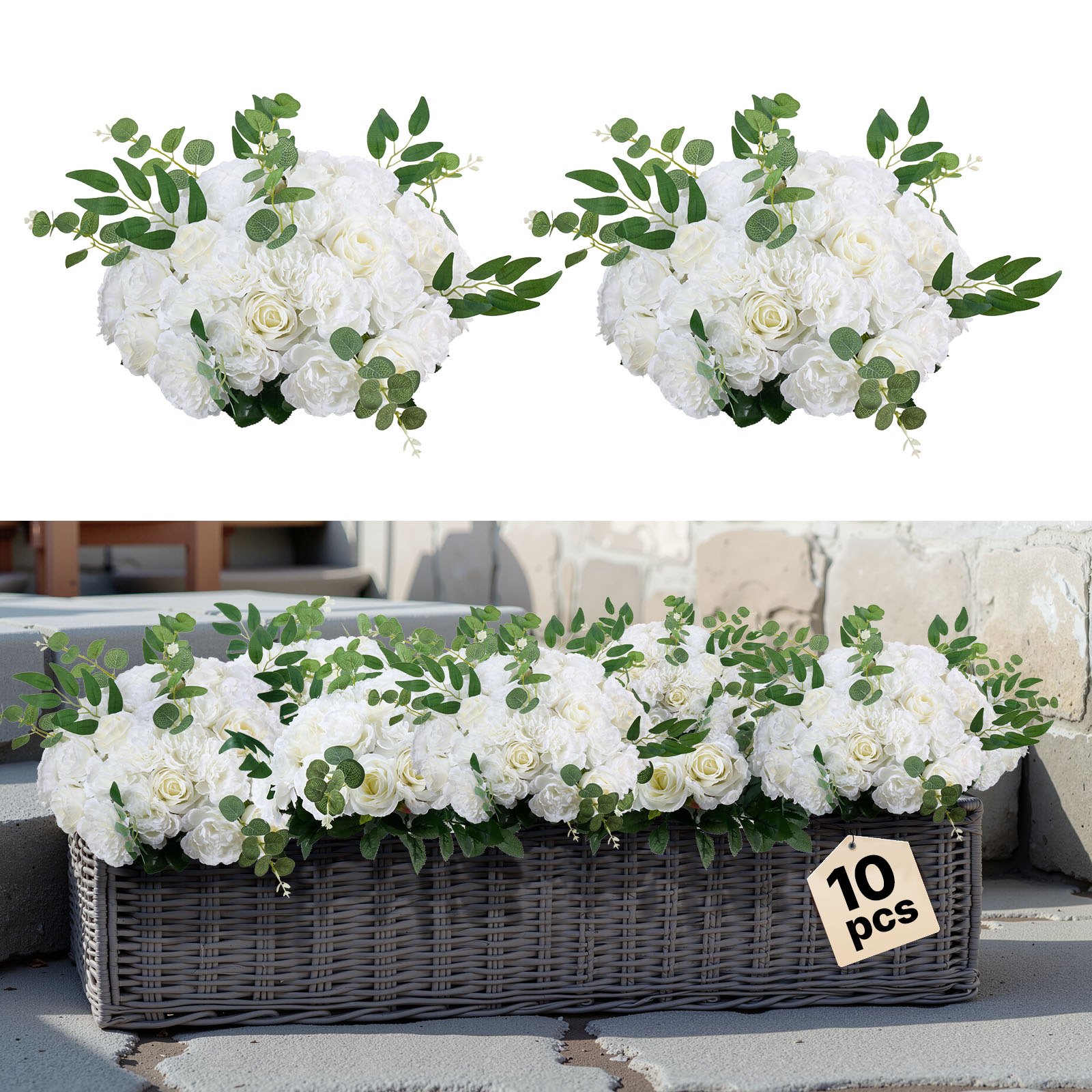 VEVOR Flower Balls Arrangement Bouquet 10 PCS, 450 mm Max Diameter Artificial Flower Balls Wedding White Roses Centerpieces, Faux Flowers Arrangements for Wedding Centerpiece Home Table Decorations