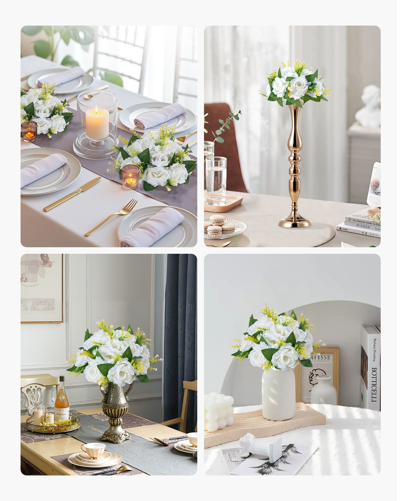 VEVOR Ramo de Bolas de Flores Artificiales Exuberantes, 10 Unidades, Color Blanco, Ideales para Bodas, Fiestas, Mesas de Recepción, Exhibiciones de Postres, Fácil de Ajustar, 240 x 240 x 120 mm