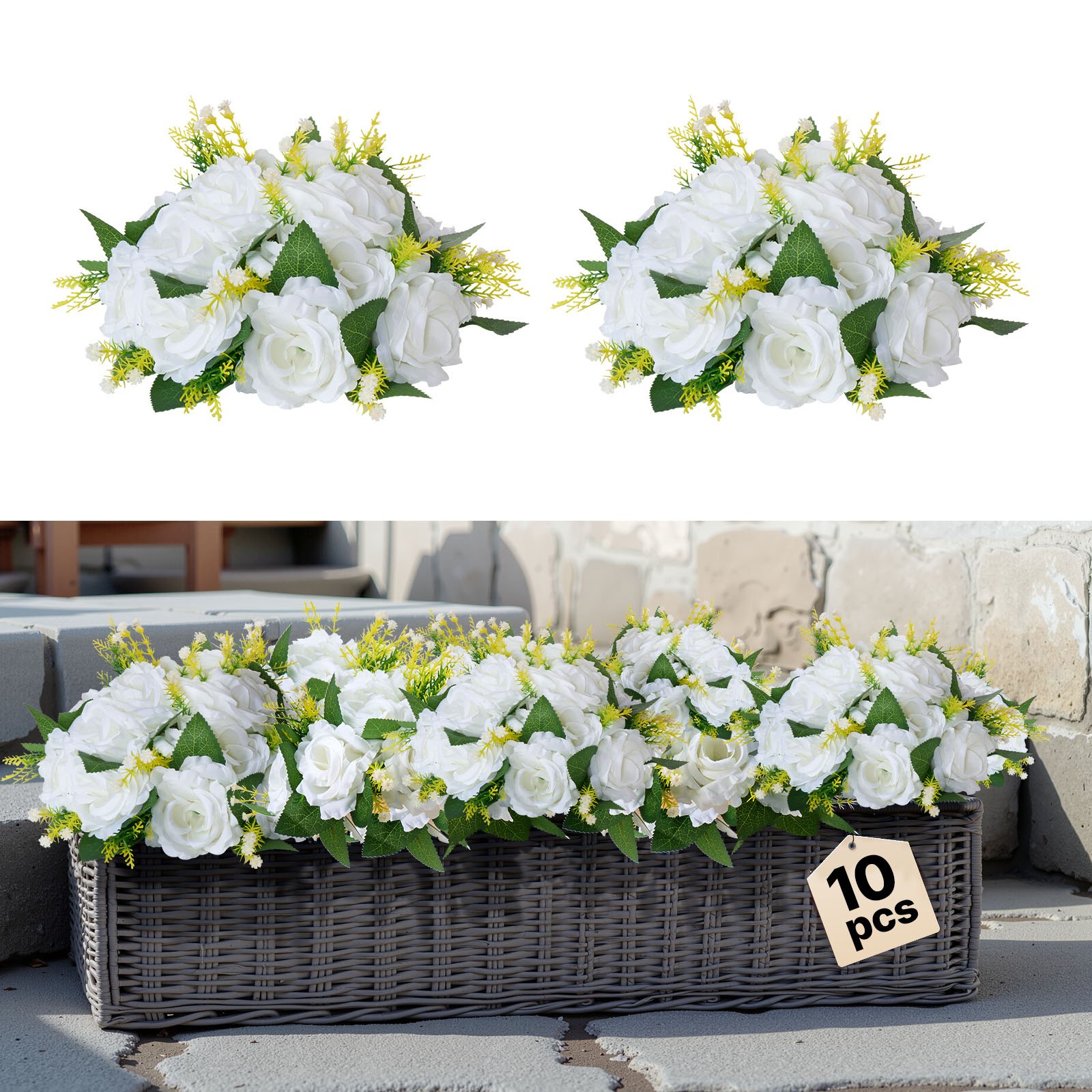 VEVOR Ramo de Bolas de Flores Artificiales Exuberantes, 10 Unidades, Color Blanco, Ideales para Bodas, Fiestas, Mesas de Recepción, Exhibiciones de Postres, Fácil de Ajustar, 240 x 240 x 120 mm