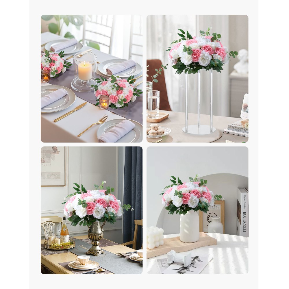 VEVOR Ramo de Bolas de Flores Artificiales Exuberantes, 10 Unidades, Ideales para Centros de Mesa de Boda, Arreglos de Rosas para Decoración del Hogar, Color Rosa y Blanco, 450 x 450 x 270 mm