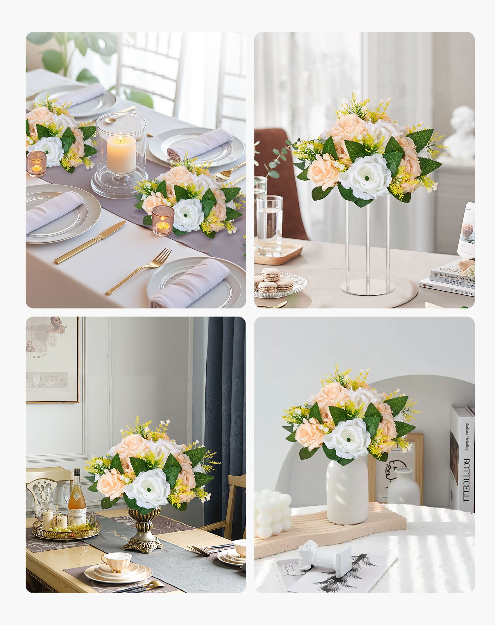 VEVOR Ramo de Bolas de Flores Artificiales, 10 uds, 24 cm Diámetro, Ideal para Centros de Mesa de Boda, Arreglos de Rosas para Decoración del Hogar, Color Champán y Blanco, 240 x 240 x 120 mm