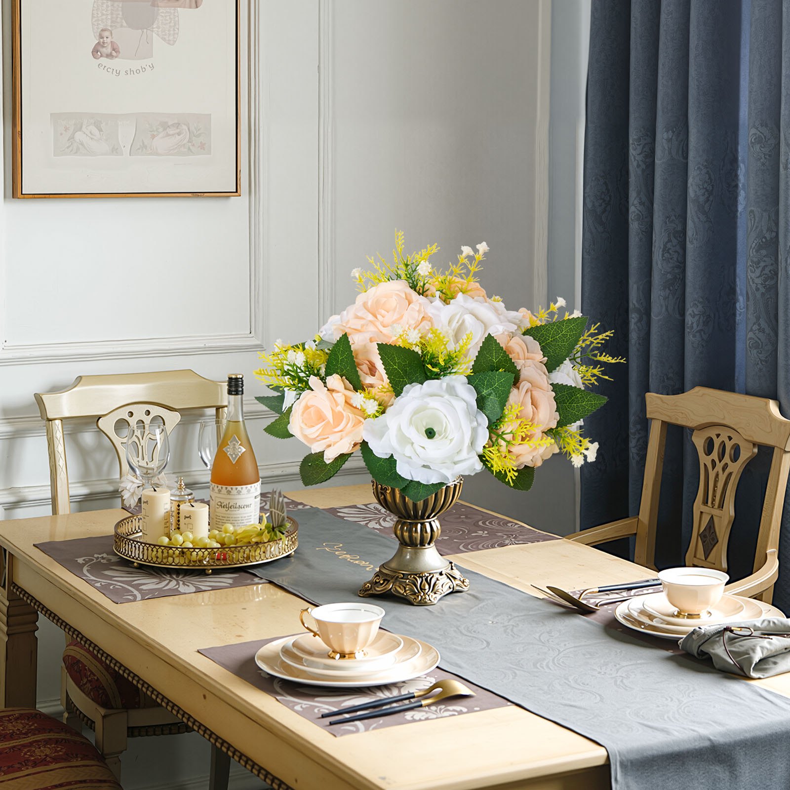 VEVOR Ramo de Bolas de Flores Artificiales, 10 uds, 24 cm Diámetro, Ideal para Centros de Mesa de Boda, Arreglos de Rosas para Decoración del Hogar, Color Champán y Blanco, 240 x 240 x 120 mm