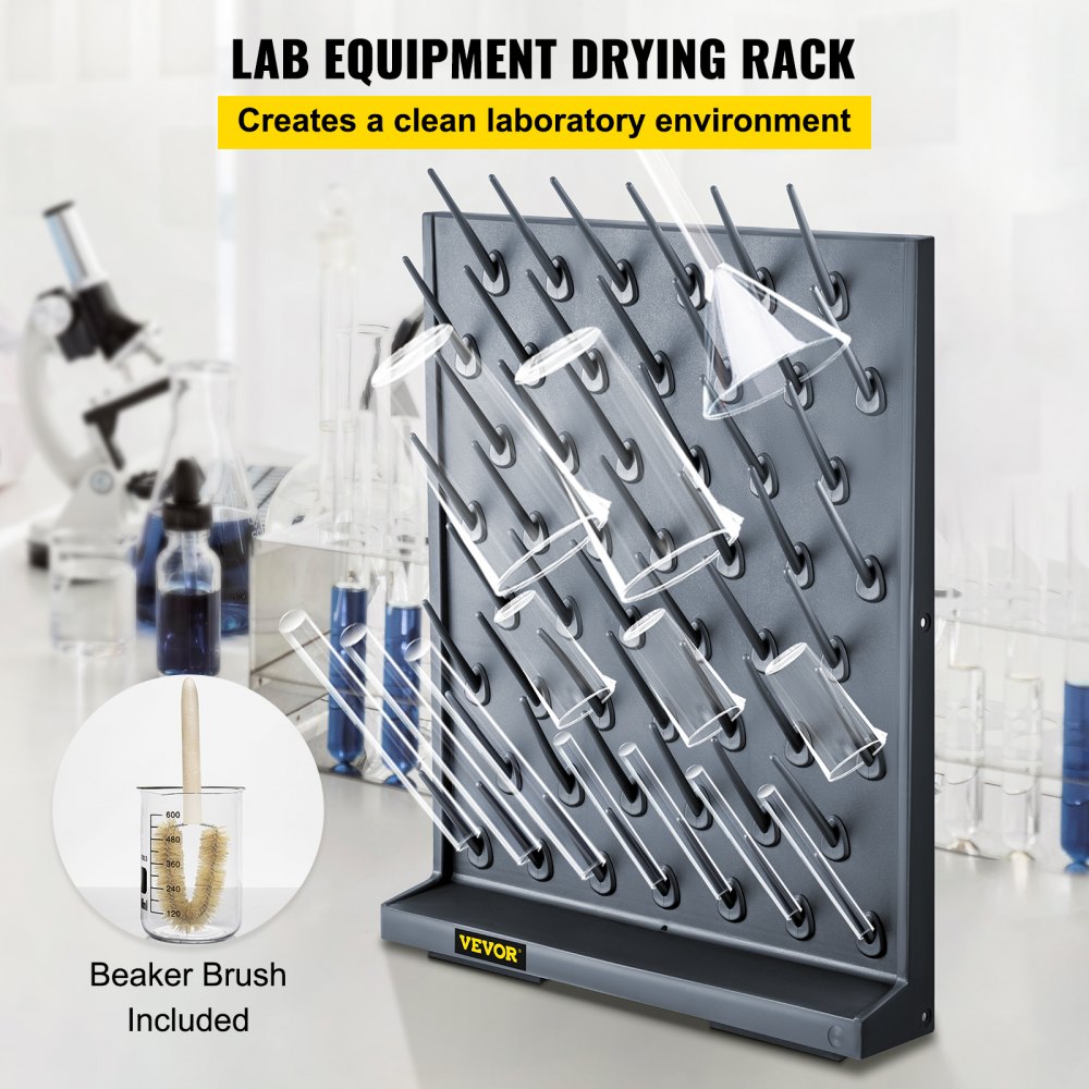 VEVOR Tablero de Clavijas de Estante de Secado 70 X 55,3 X 12,7cm, de PP Prémium Negro para Laboratorio Hospitales Escuelas, Escurridor de Tubos de Laboratorio