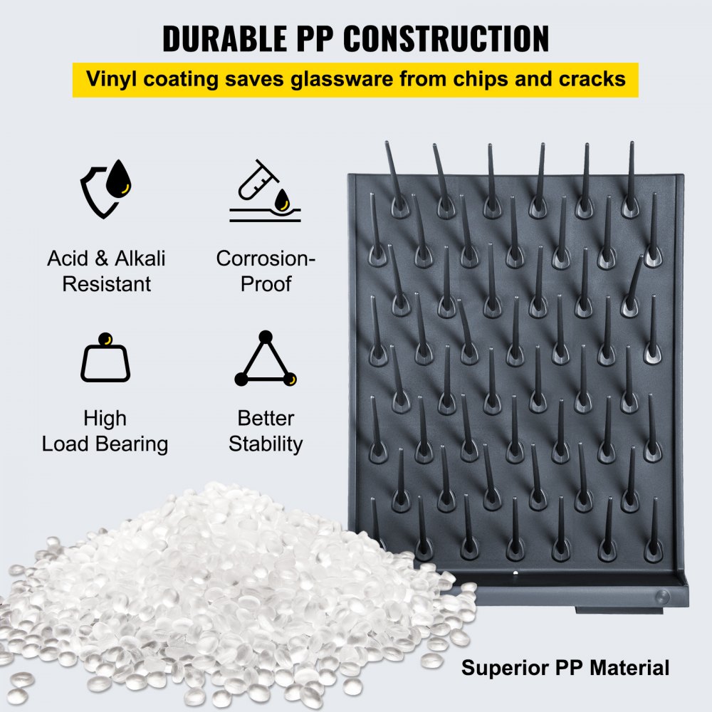 VEVOR Tablero de Clavijas de Estante de Secado 70 X 55,3 X 12,7cm, de PP Prémium Negro para Laboratorio Hospitales Escuelas, Escurridor de Tubos de Laboratorio