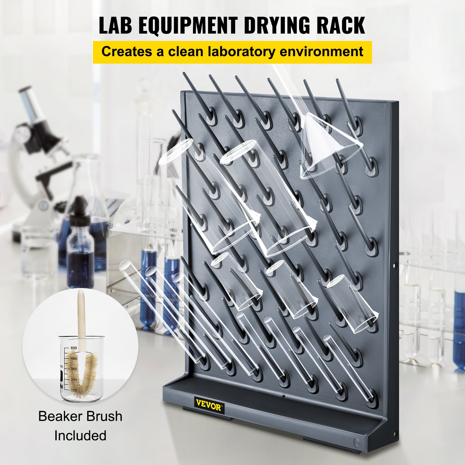VEVOR Tablero de Clavijas de Estante de Secado 70 X 55,3 X 12,7cm, de PP Prémium Negro para Laboratorio Hospitales Escuelas, Escurridor de Tubos de Laboratorio
