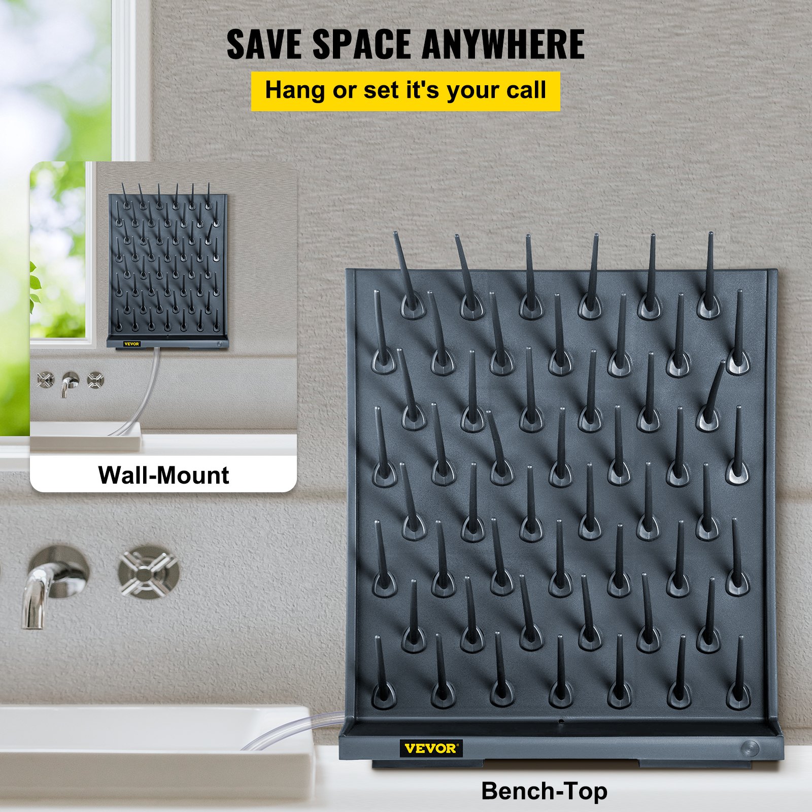 VEVOR Tablero de Clavijas de Estante de Secado 70 X 55,3 X 12,7cm, de PP Prémium Negro para Laboratorio Hospitales Escuelas, Escurridor de Tubos de Laboratorio