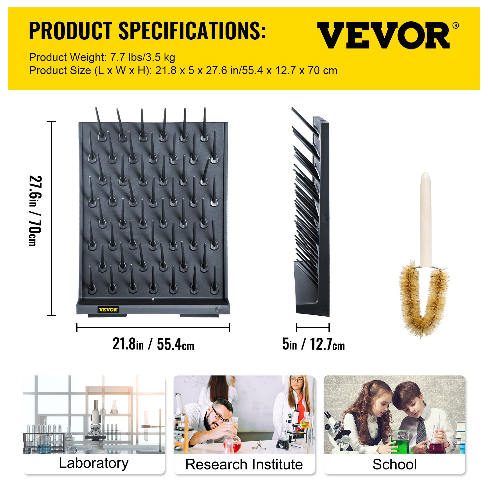 VEVOR Tablero de Clavijas de Estante de Secado 70 X 55,3 X 12,7cm, de PP Prémium Negro para Laboratorio Hospitales Escuelas, Escurridor de Tubos de Laboratorio
