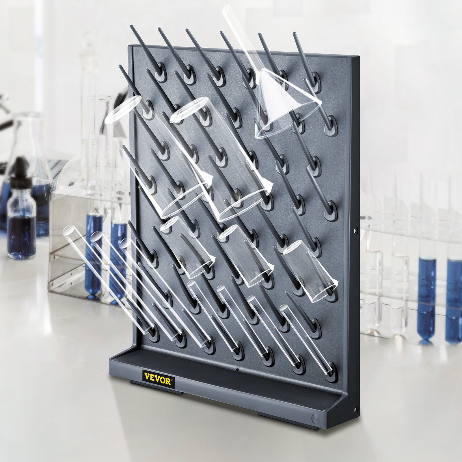VEVOR Tablero de Clavijas de Estante de Secado 70 X 55,3 X 12,7cm, de PP Prémium Negro para Laboratorio Hospitales Escuelas, Escurridor de Tubos de Laboratorio