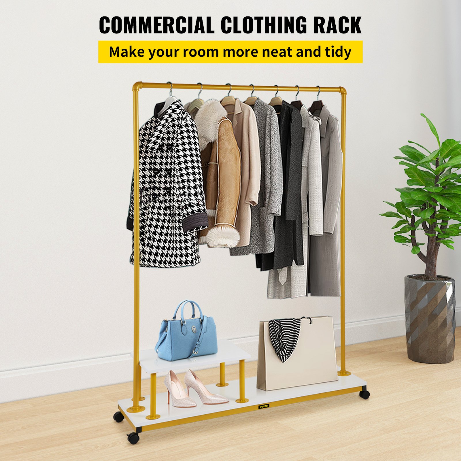 VEVOR Perchero de Ropa 2 Niveles 120x36x160 cm Perchero de Burro Independiente Material de Metal y Madera MDF Capacidad de 150 lbs Perchero de Ropa Resistente con Ruedas para Uso Doméstico o Comercial