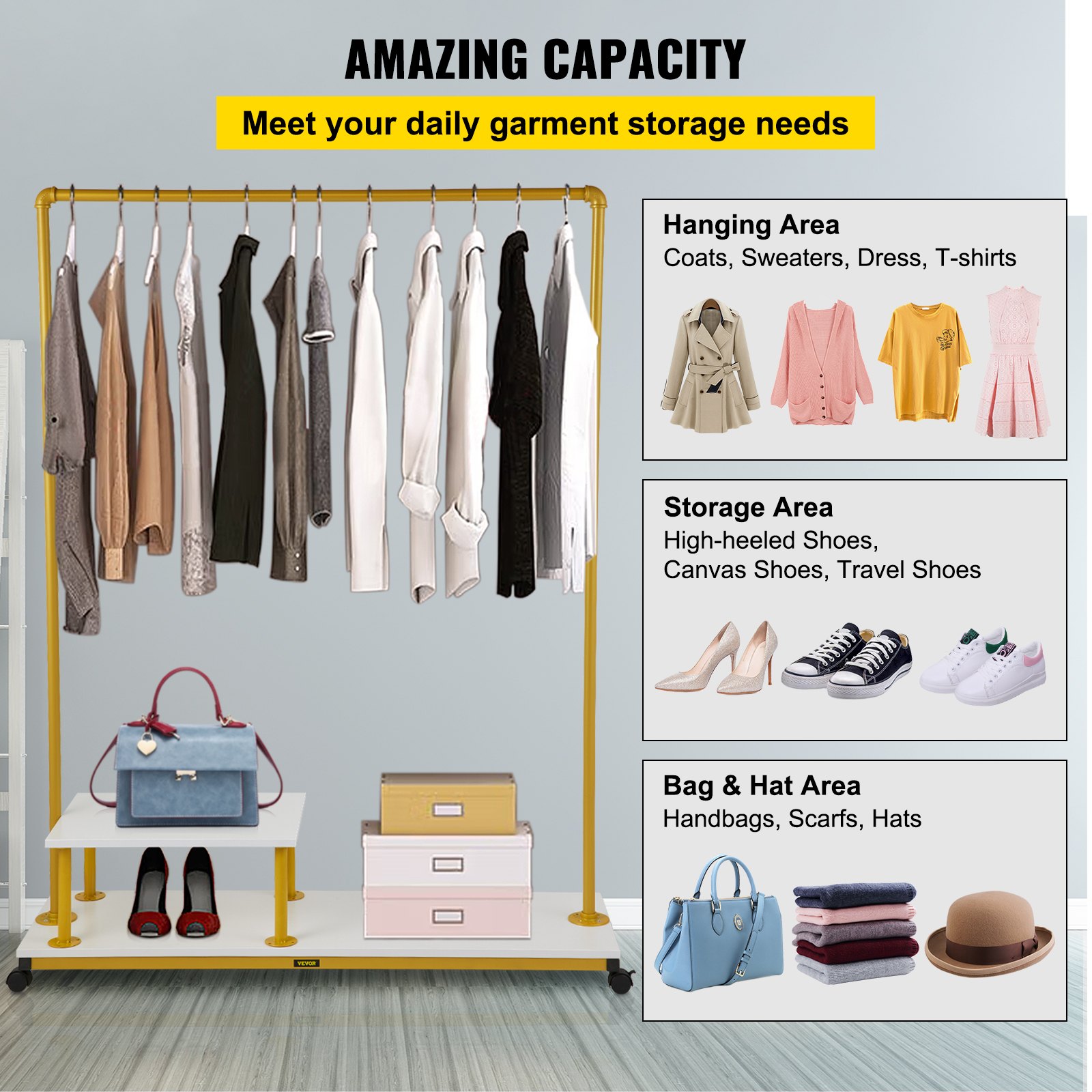 VEVOR Perchero de Ropa 2 Niveles 120x36x160 cm Perchero de Burro Independiente Material de Metal y Madera MDF Capacidad de 150 lbs Perchero de Ropa Resistente con Ruedas para Uso Doméstico o Comercial