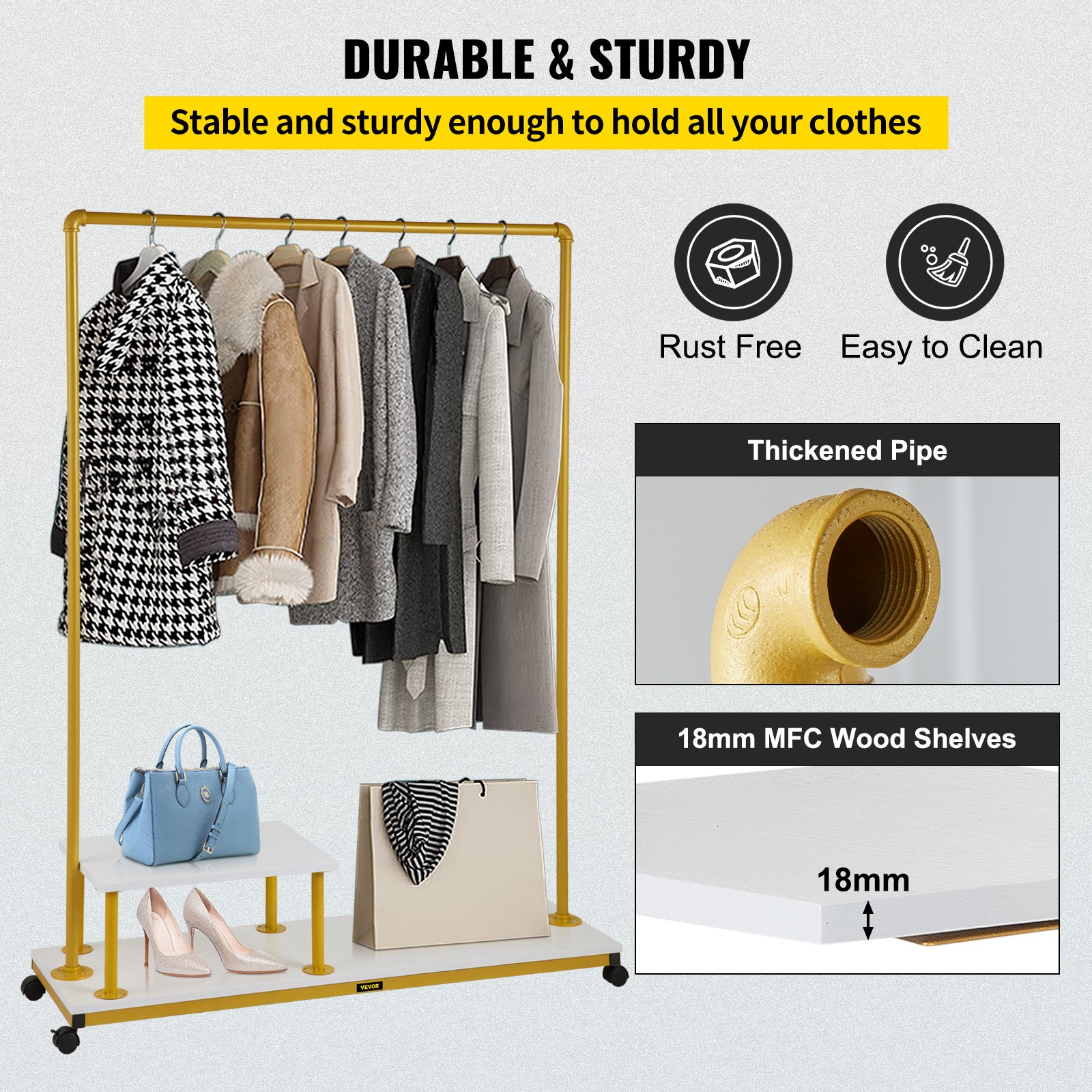 VEVOR Perchero de Ropa 2 Niveles 120x36x160 cm Perchero de Burro Independiente Material de Metal y Madera MDF Capacidad de 150 lbs Perchero de Ropa Resistente con Ruedas para Uso Doméstico o Comercial