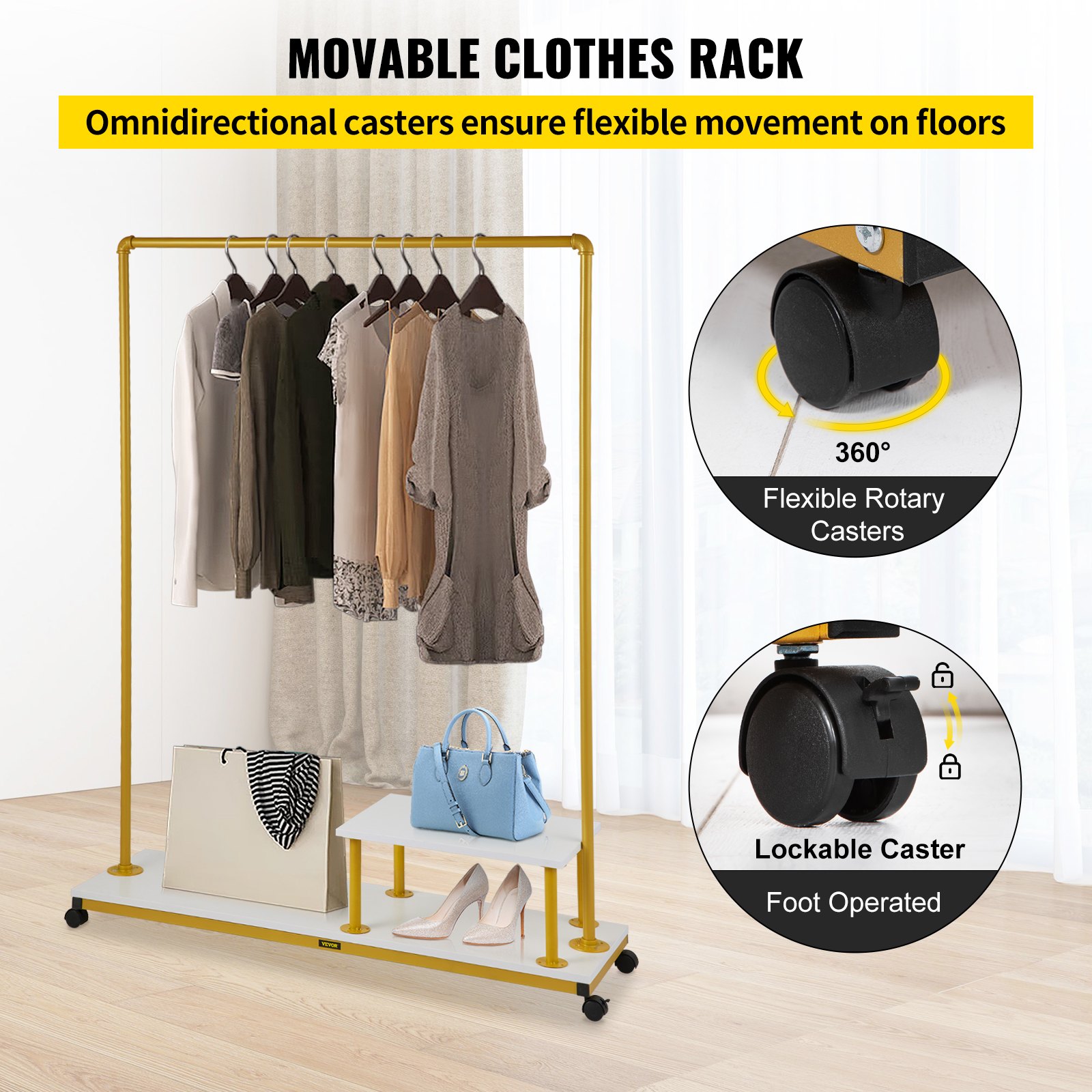 VEVOR Perchero de Ropa 2 Niveles 120x36x160 cm Perchero de Burro Independiente Material de Metal y Madera MDF Capacidad de 150 lbs Perchero de Ropa Resistente con Ruedas para Uso Doméstico o Comercial