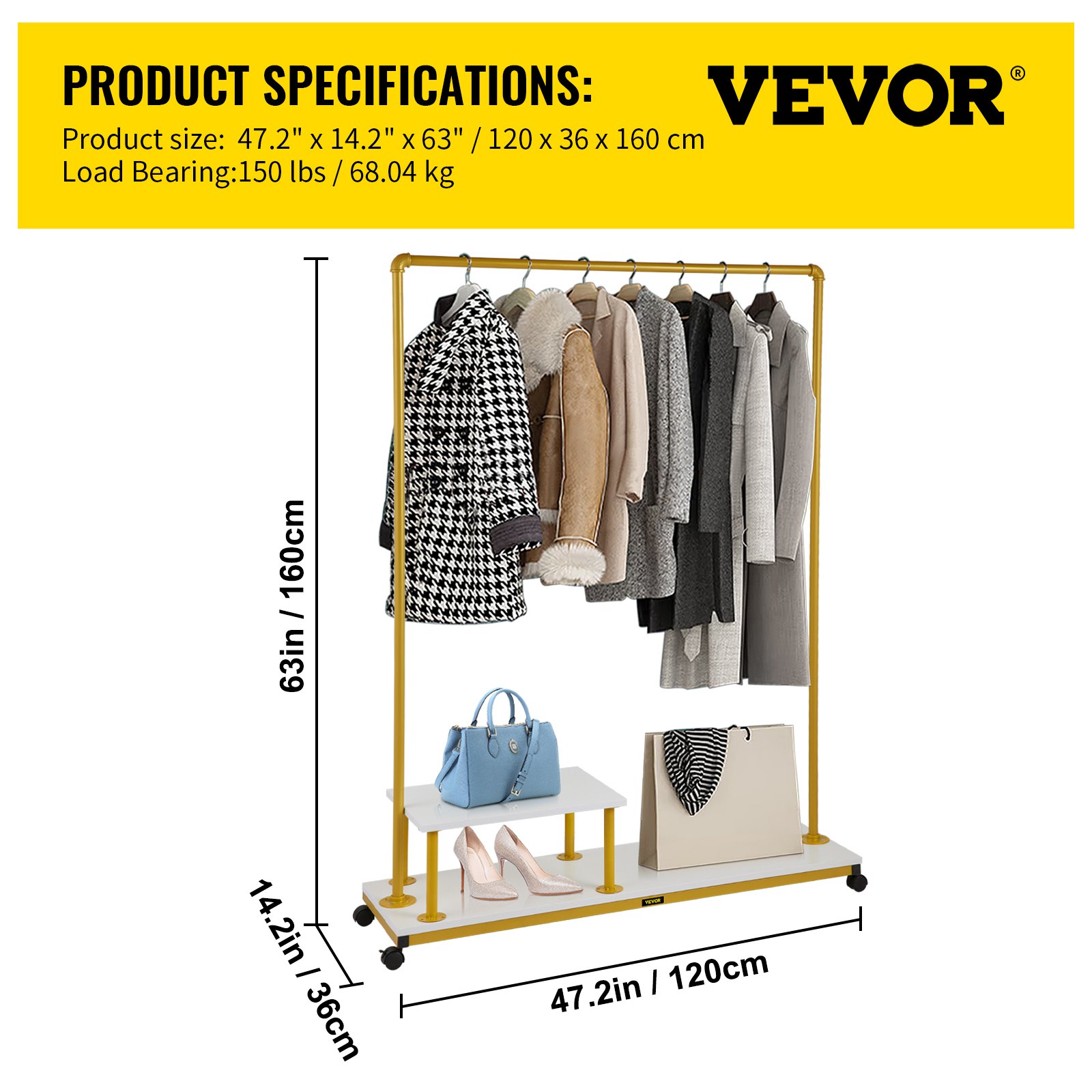 VEVOR Perchero de Ropa 2 Niveles 120x36x160 cm Perchero de Burro Independiente Material de Metal y Madera MDF Capacidad de 150 lbs Perchero de Ropa Resistente con Ruedas para Uso Doméstico o Comercial