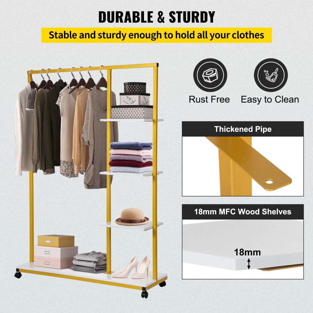 VEVOR Perchero de Ropa 4 Niveles 100x36x150 cm Perchero de Burro Independiente Material de Metal y Madera MDF Capacidad de 180 lbs Perchero de Ropa Resistente con Ruedas para Uso Doméstico o Comercial