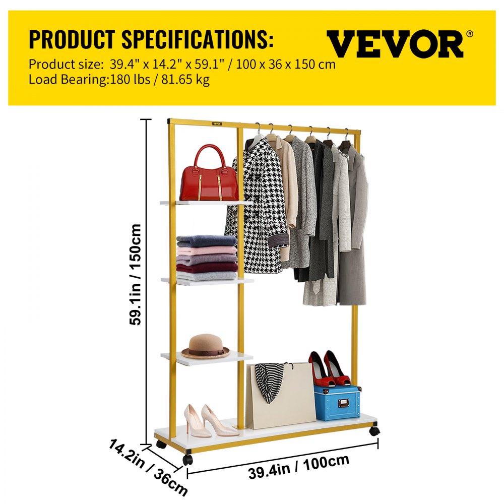 VEVOR Perchero de Ropa 4 Niveles 100x36x150 cm Perchero de Burro Independiente Material de Metal y Madera MDF Capacidad de 180 lbs Perchero de Ropa Resistente con Ruedas para Uso Doméstico o Comercial