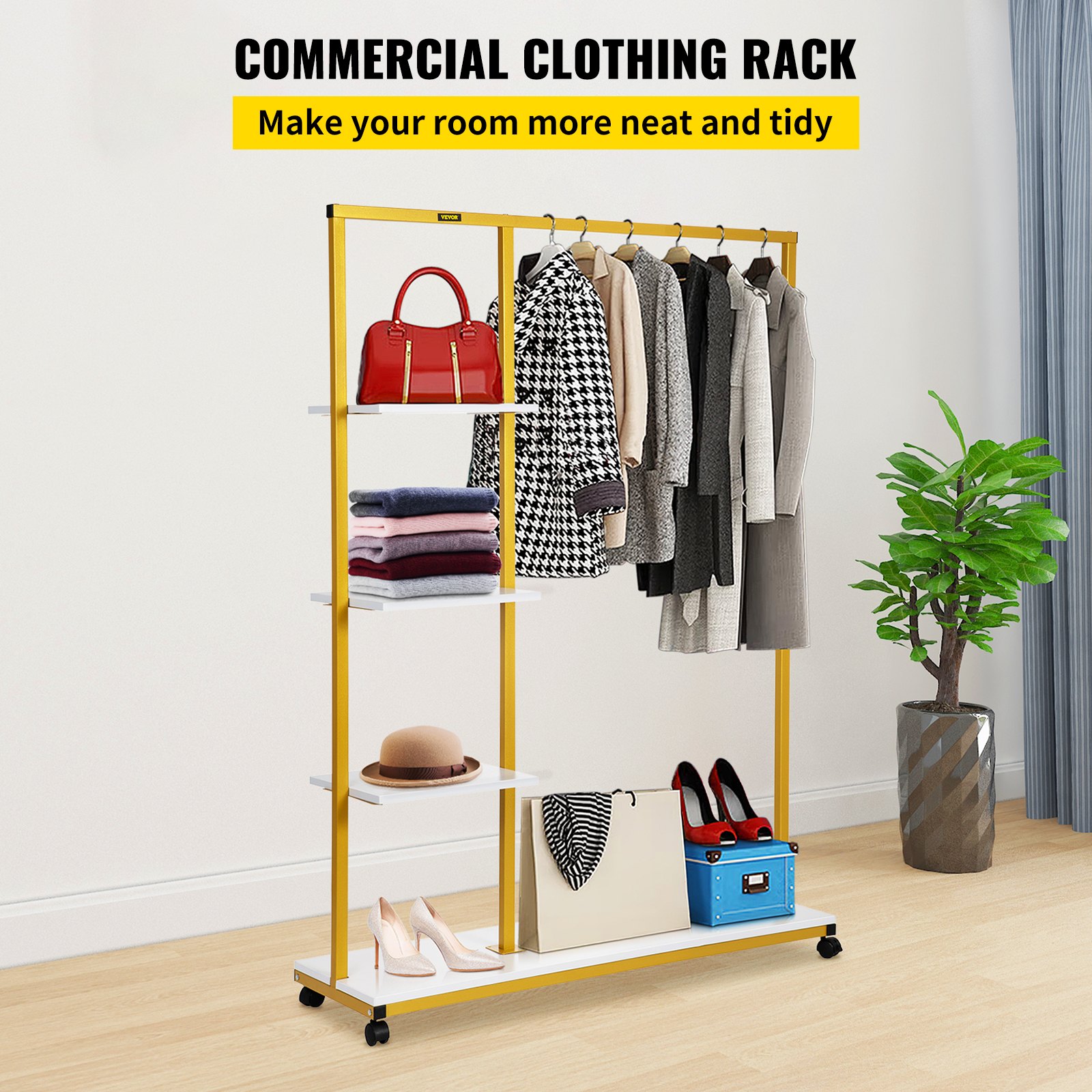 VEVOR Perchero de Ropa 4 Niveles 100x36x150 cm Perchero de Burro Independiente Material de Metal y Madera MDF Capacidad de 180 lbs Perchero de Ropa Resistente con Ruedas para Uso Doméstico o Comercial