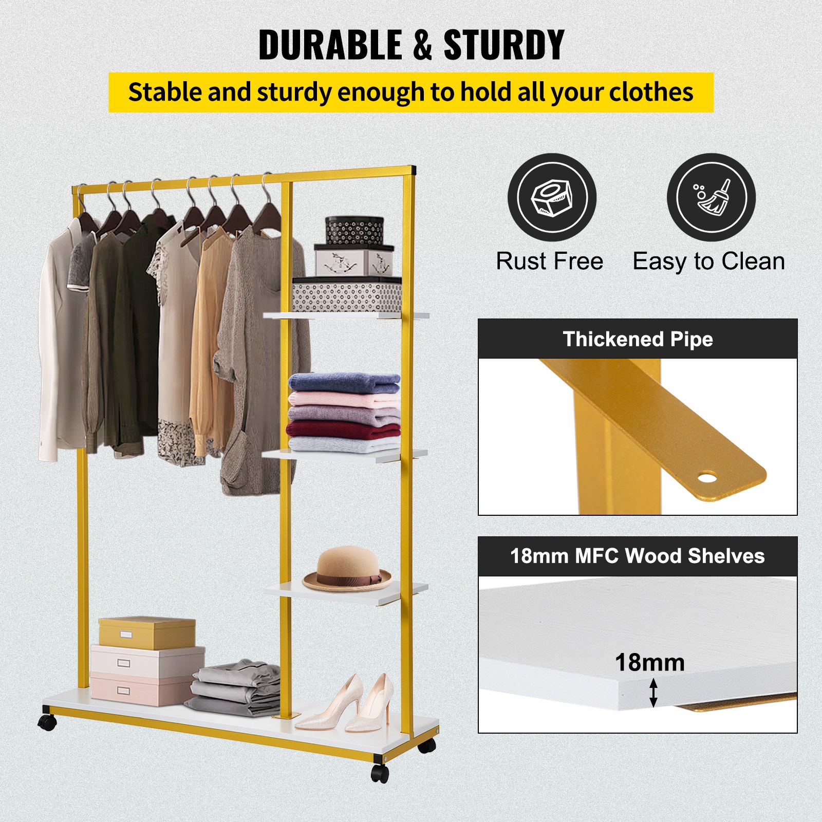 VEVOR Perchero de Ropa 4 Niveles 100x36x150 cm Perchero de Burro Independiente Material de Metal y Madera MDF Capacidad de 180 lbs Perchero de Ropa Resistente con Ruedas para Uso Doméstico o Comercial